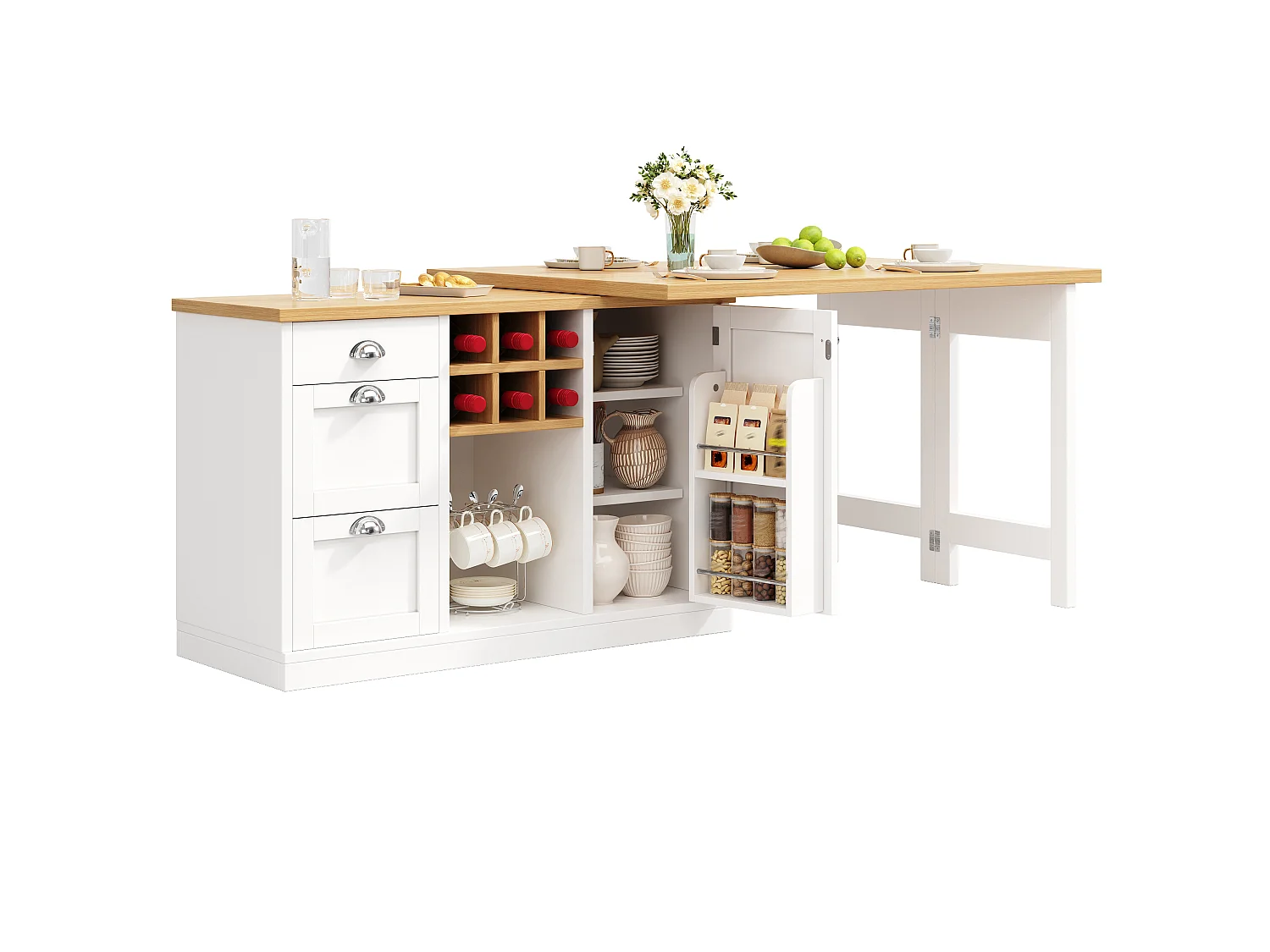 Îlot de Cuisine Multifonctionnel 120-197cm - Table de Bar Pivotante 360°, Rangement Vin & Tiroirs, Design Gain de Place, MDF - Blanc