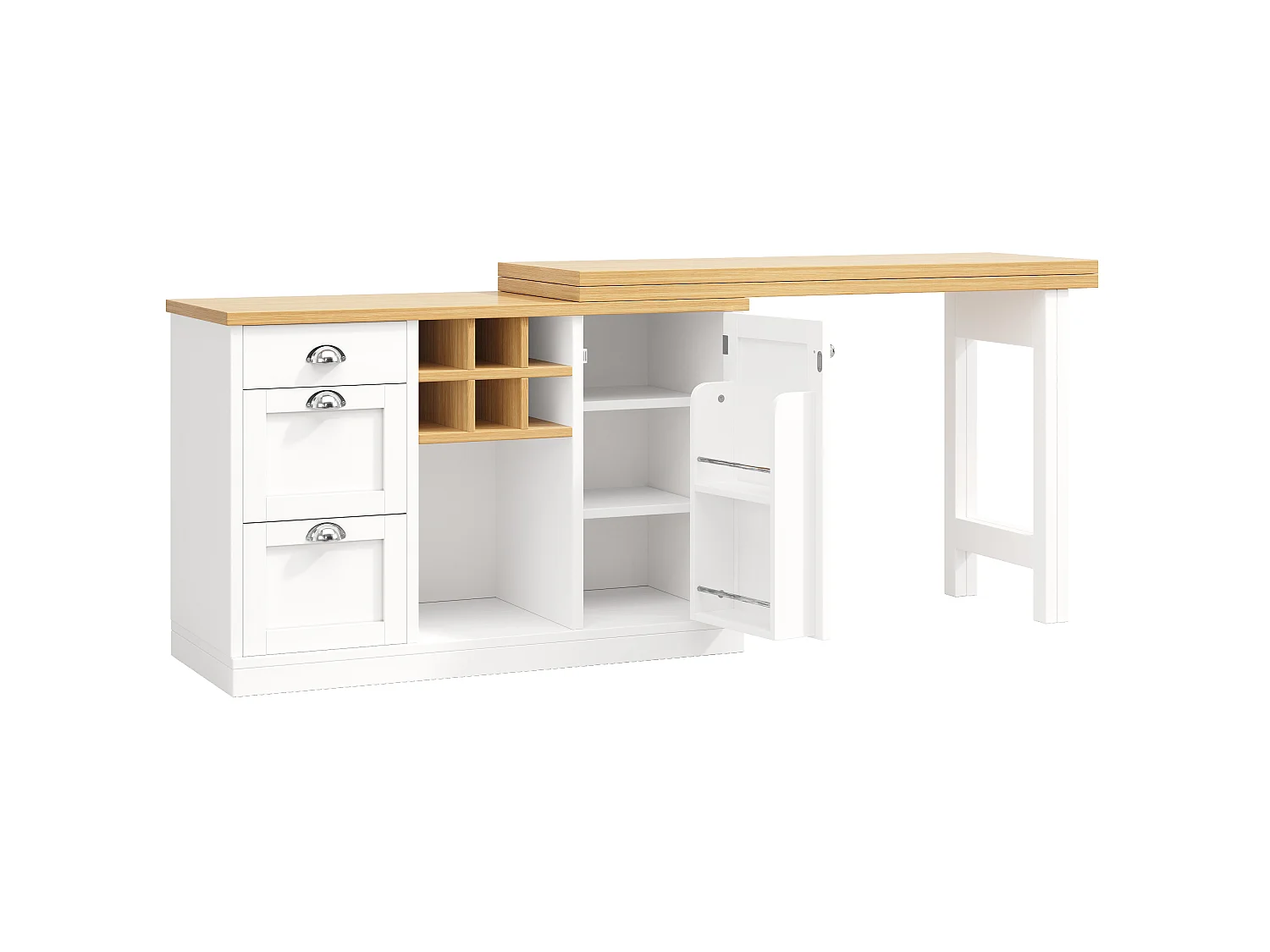 Îlot de Cuisine Multifonctionnel 120-197cm - Table de Bar Pivotante 360°, Rangement Vin & Tiroirs, Design Gain de Place, MDF - Blanc