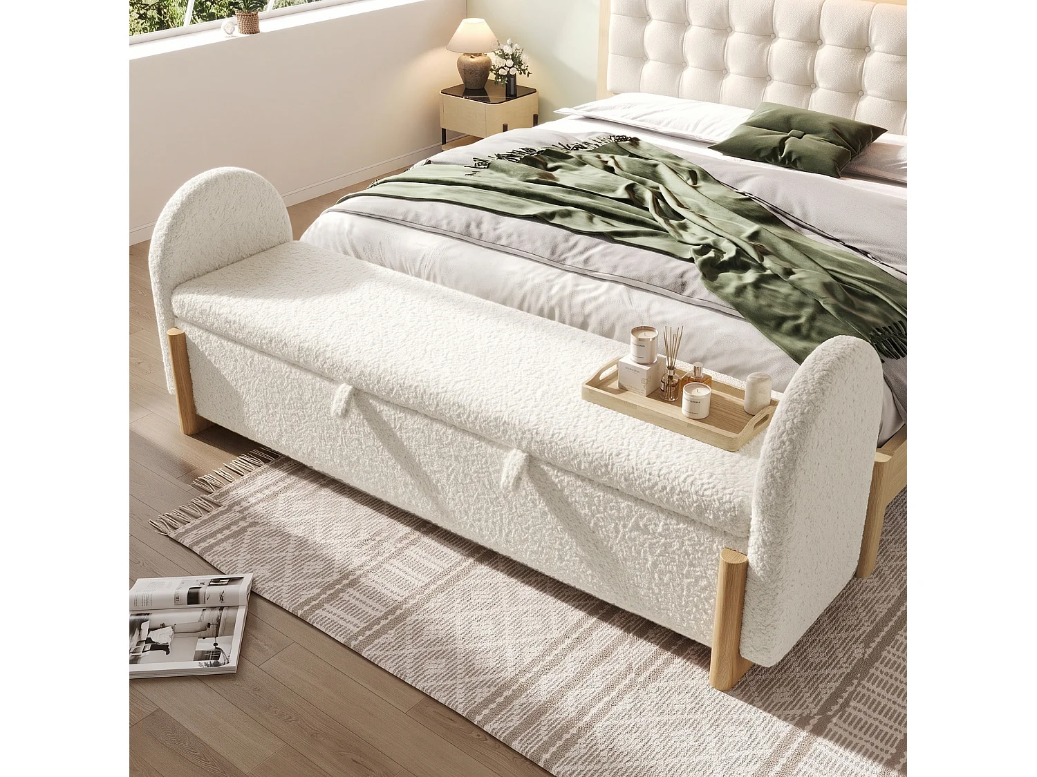 Banc coffre rembourré 186x47x61cm - pieds en bois en forme de U - chenille bouclé + bois massif + MDF - Blanc