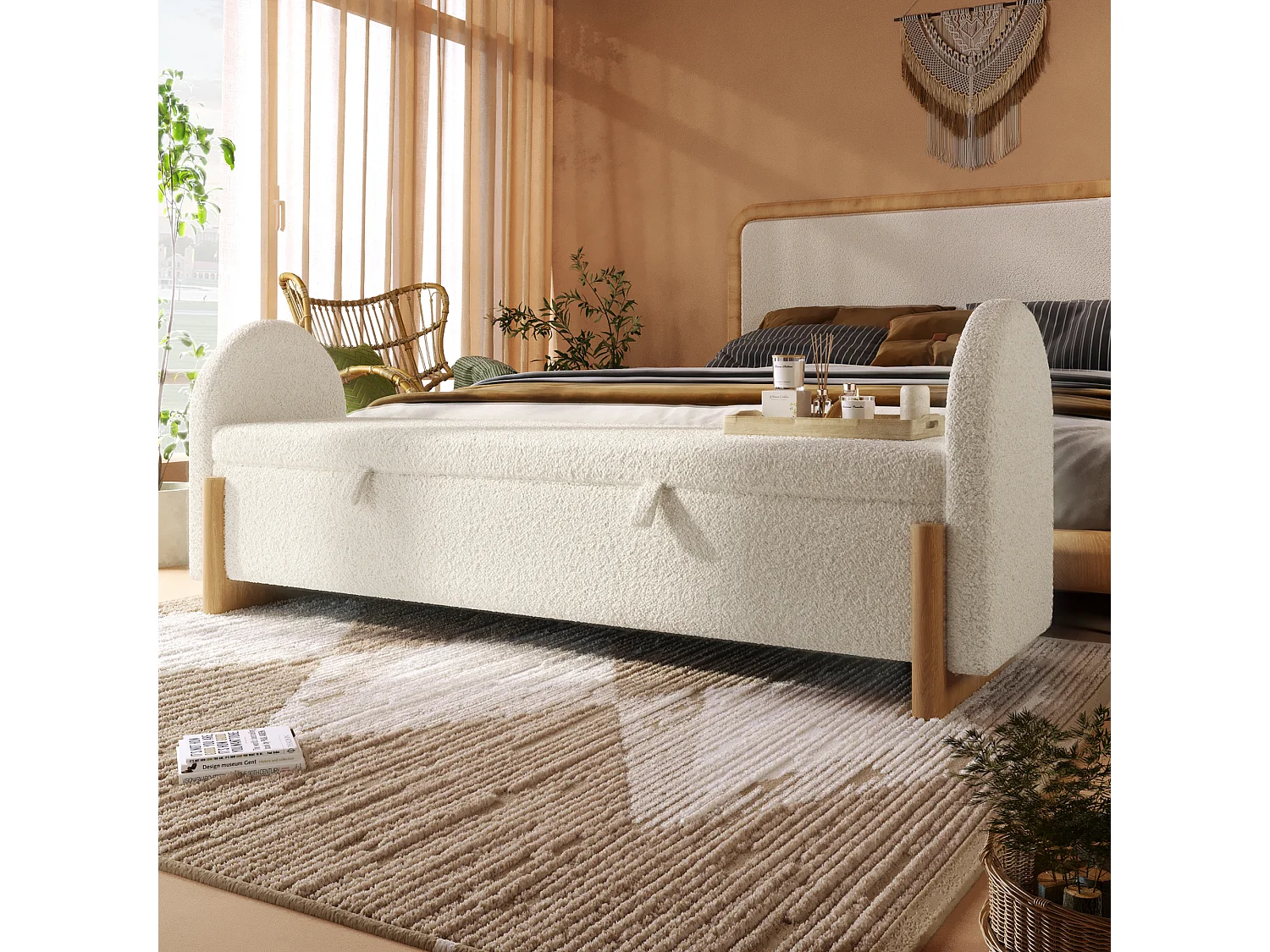 Banc coffre rembourré 186x47x61cm - pieds en bois en forme de U - chenille bouclé + bois massif + MDF - Blanc