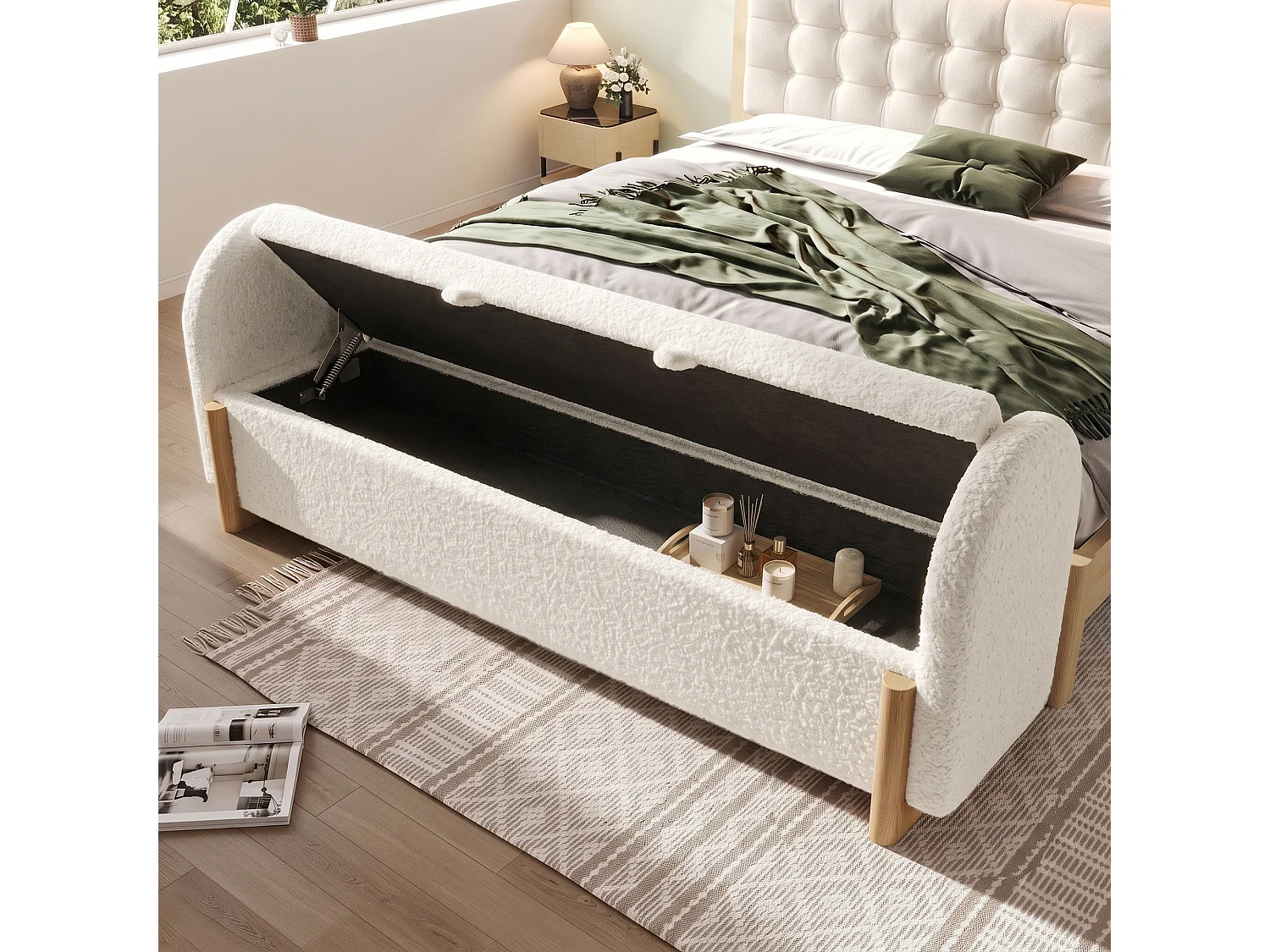 Banc coffre rembourré 186x47x61cm - pieds en bois en forme de U - chenille bouclé + bois massif + MDF - Blanc