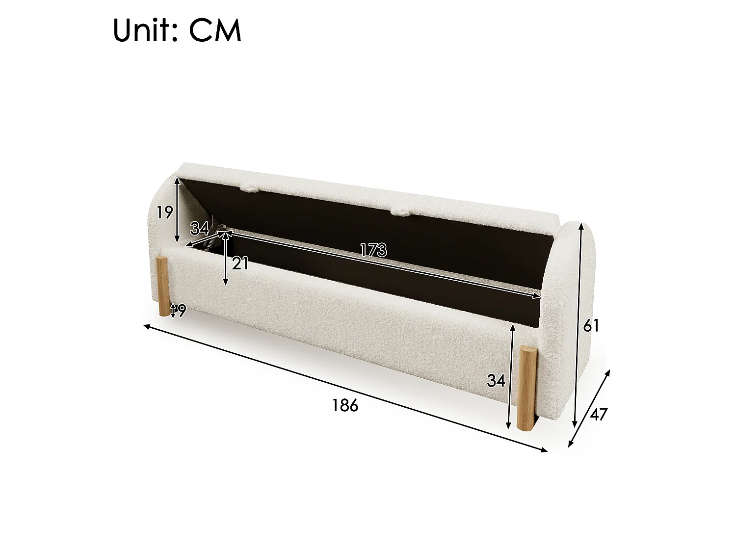 Banc coffre rembourré 186x47x61cm - pieds en bois en forme de U - chenille bouclé + bois massif + MDF - Blanc