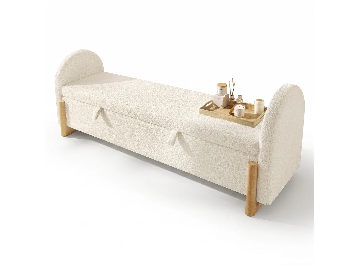 Banc coffre rembourré 186x47x61cm - pieds en bois en forme de U - chenille bouclé + bois massif + MDF - Blanc