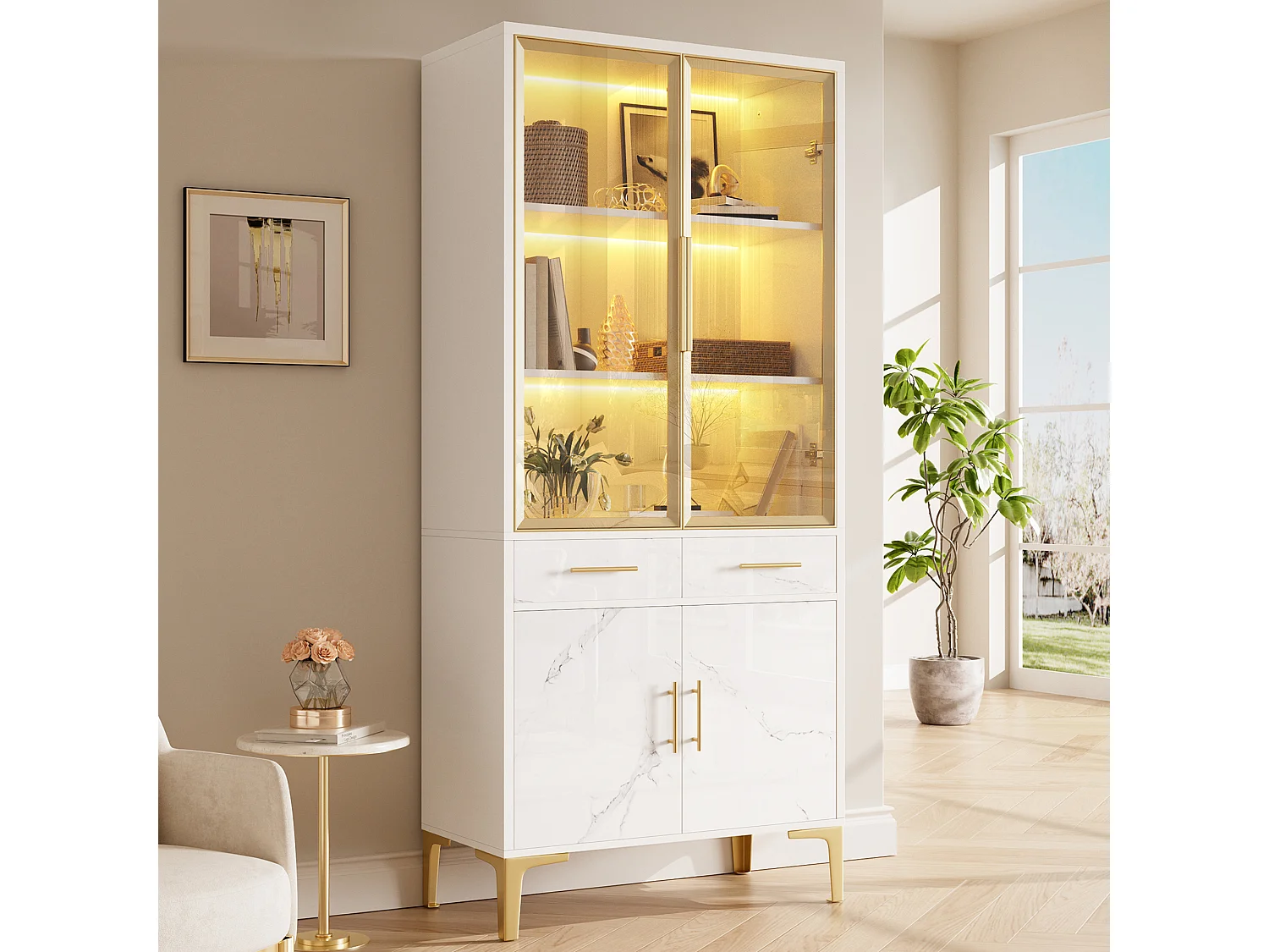 Vitrine 75x38x170 cm - 4 portes et 2 tiroirs - Éclairage LED - Finition marbrée brillante - Pieds en métal - Blanc