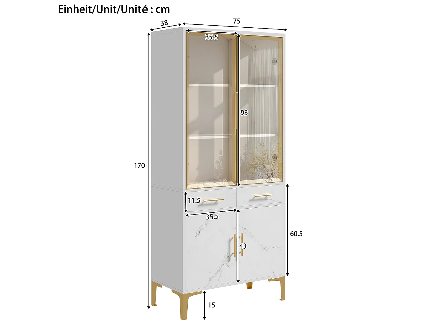Vitrine 75x38x170 cm - 4 portes et 2 tiroirs - Éclairage LED - Finition marbrée brillante - Pieds en métal - Blanc