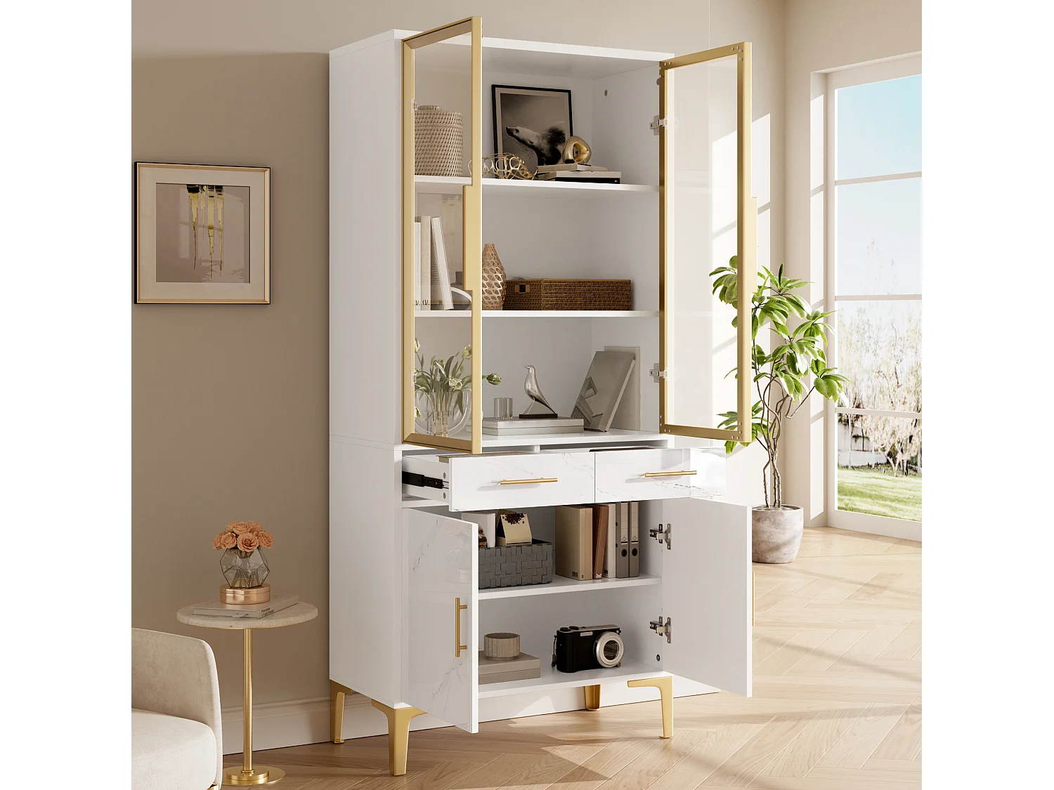 Vitrine 75x38x170 cm - 4 portes et 2 tiroirs - Éclairage LED - Finition marbrée brillante - Pieds en métal - Blanc
