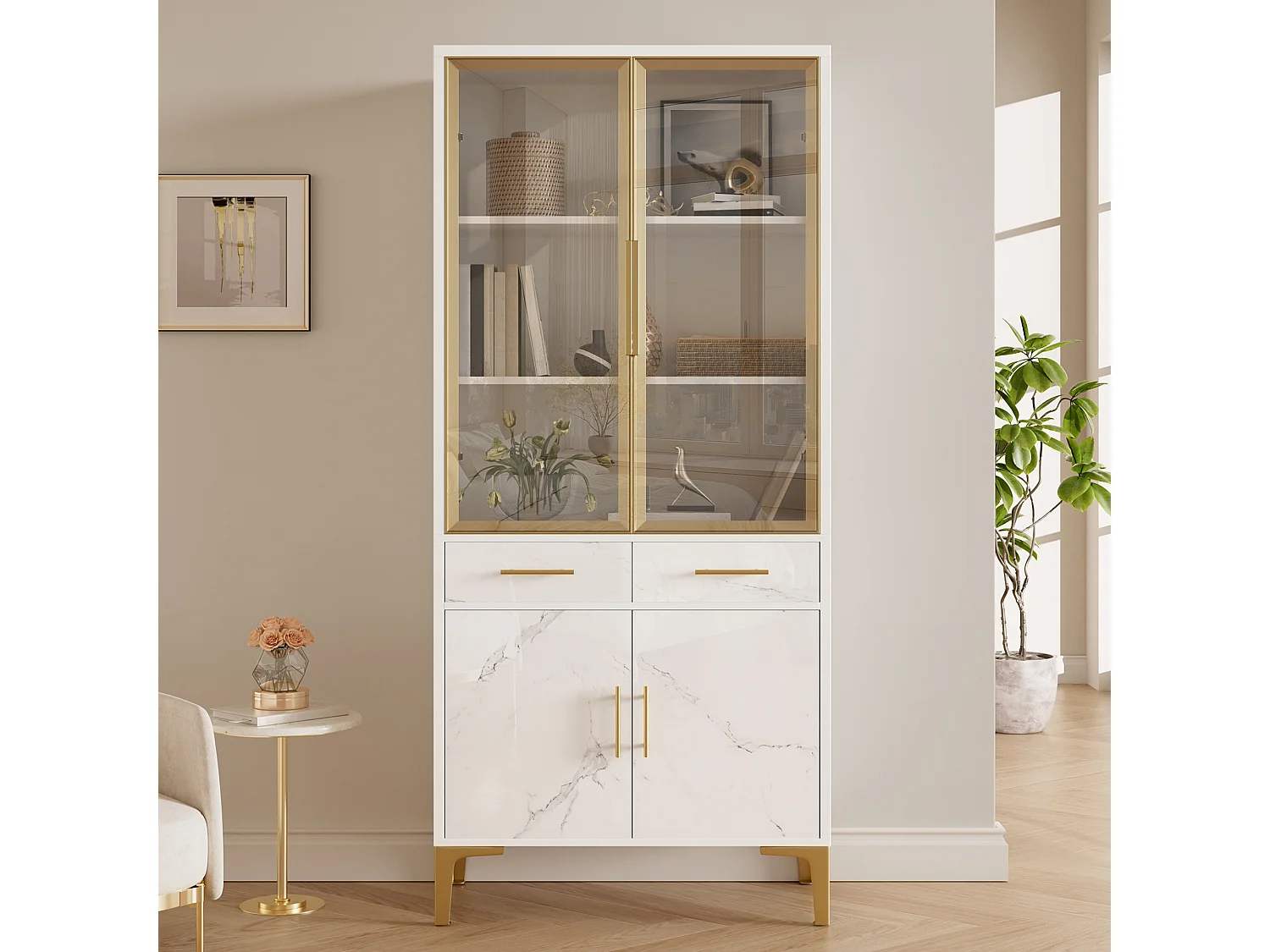 Vitrine 75x38x170 cm - 4 portes et 2 tiroirs - Éclairage LED - Finition marbrée brillante - Pieds en métal - Blanc