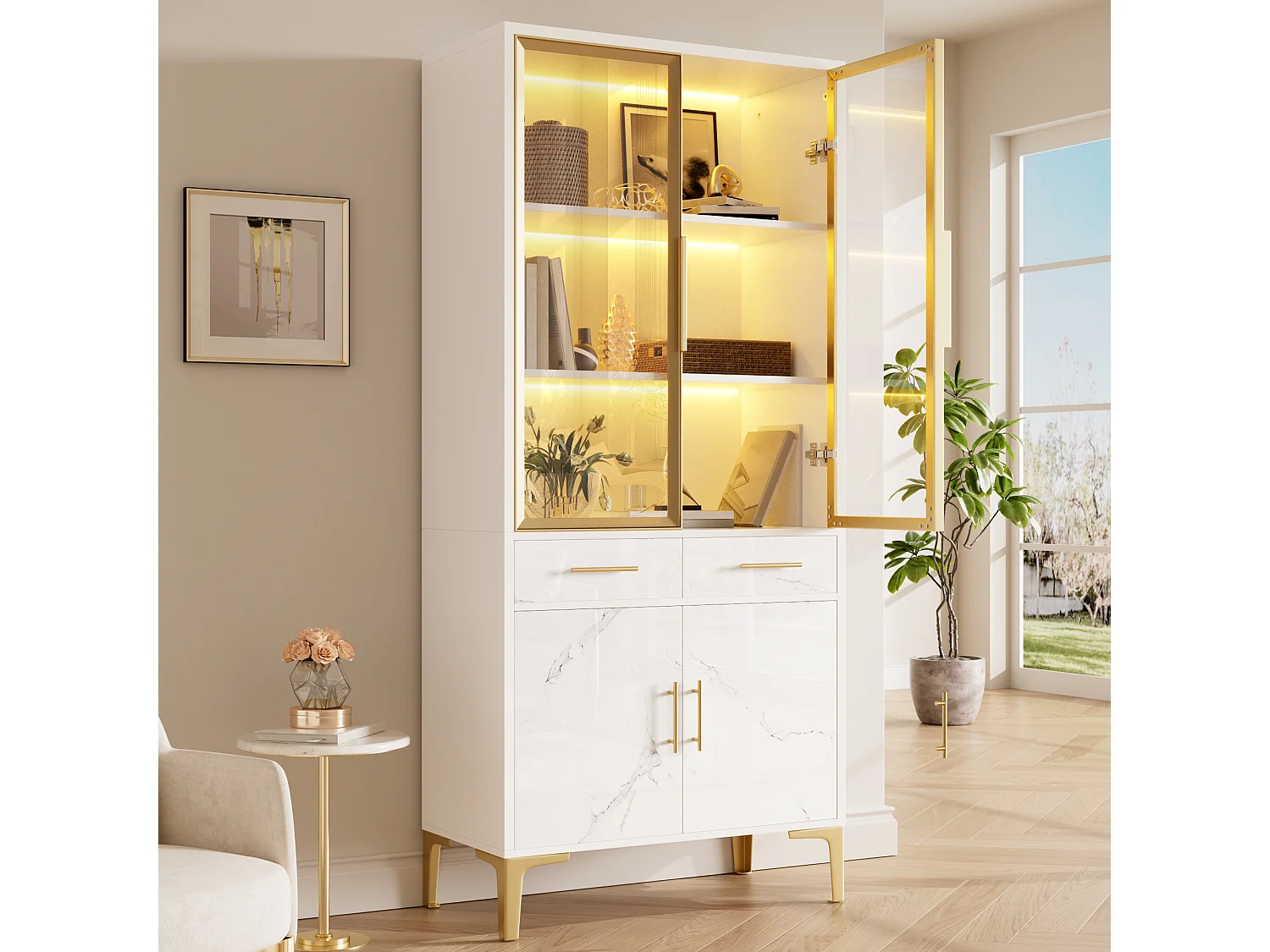 Vitrine 75x38x170 cm - 4 portes et 2 tiroirs - Éclairage LED - Finition marbrée brillante - Pieds en métal - Blanc