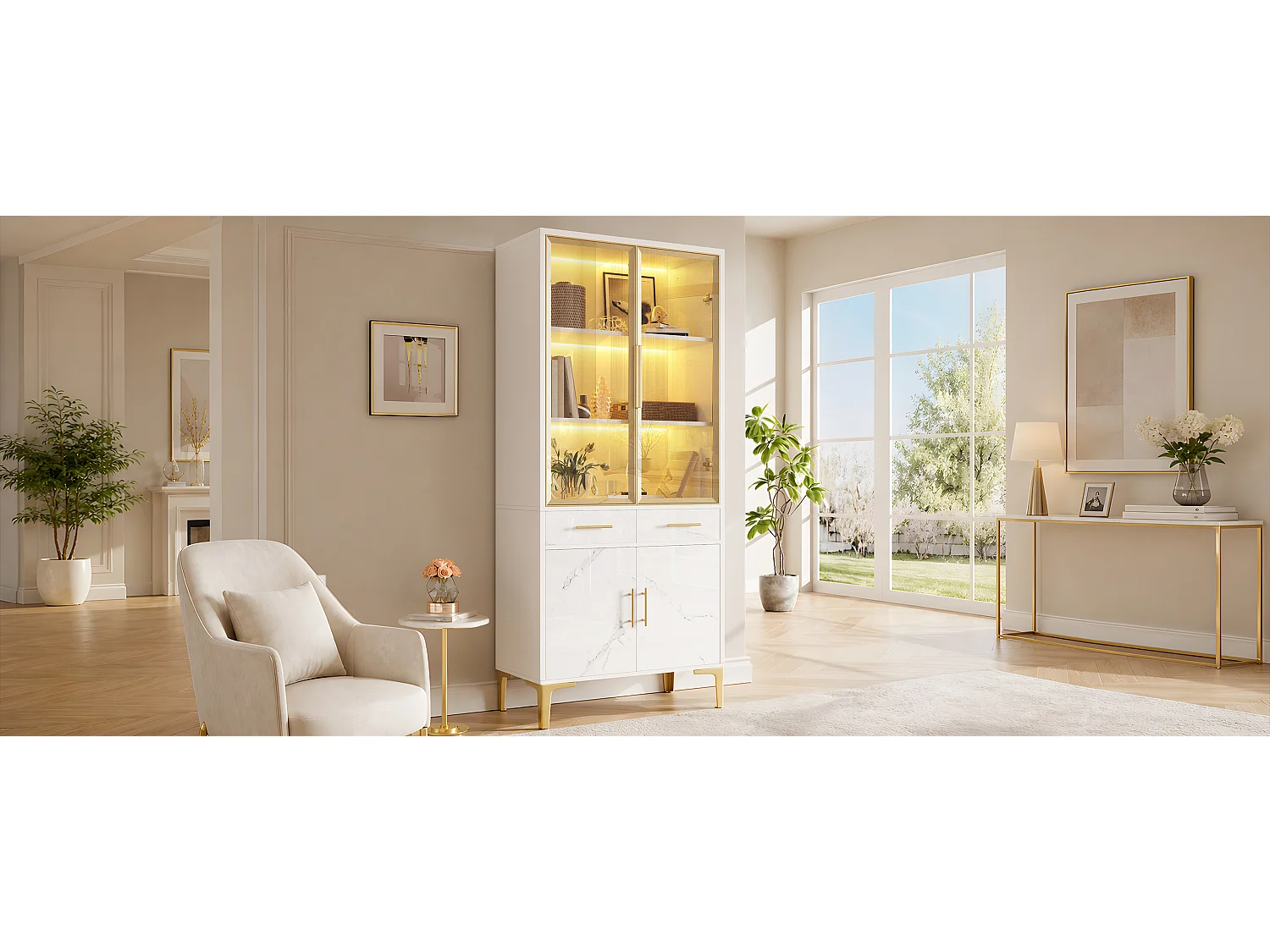 Vitrine 75x38x170 cm - 4 portes et 2 tiroirs - Éclairage LED - Finition marbrée brillante - Pieds en métal - Blanc