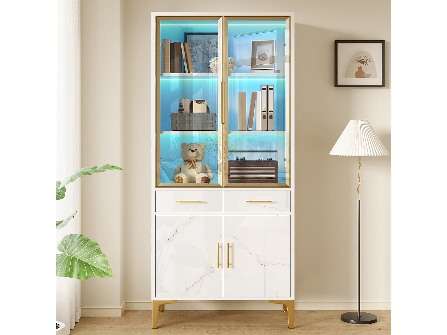 Vitrine 75x38x170 cm - 4 portes et 2 tiroirs - Éclairage LED - Finition marbrée brillante - Pieds en métal - Blanc