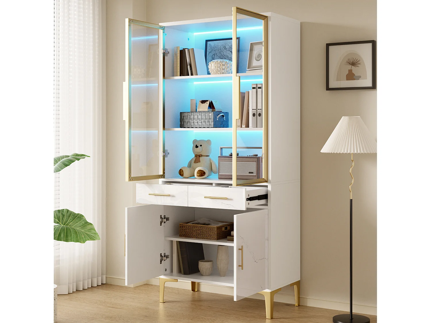Vitrine 75x38x170 cm - 4 portes et 2 tiroirs - Éclairage LED - Finition marbrée brillante - Pieds en métal - Blanc