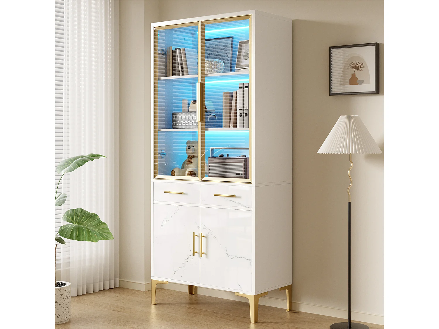 Vitrine 75x38x170 cm - 4 portes et 2 tiroirs - Éclairage LED - Finition marbrée brillante - Pieds en métal - Blanc