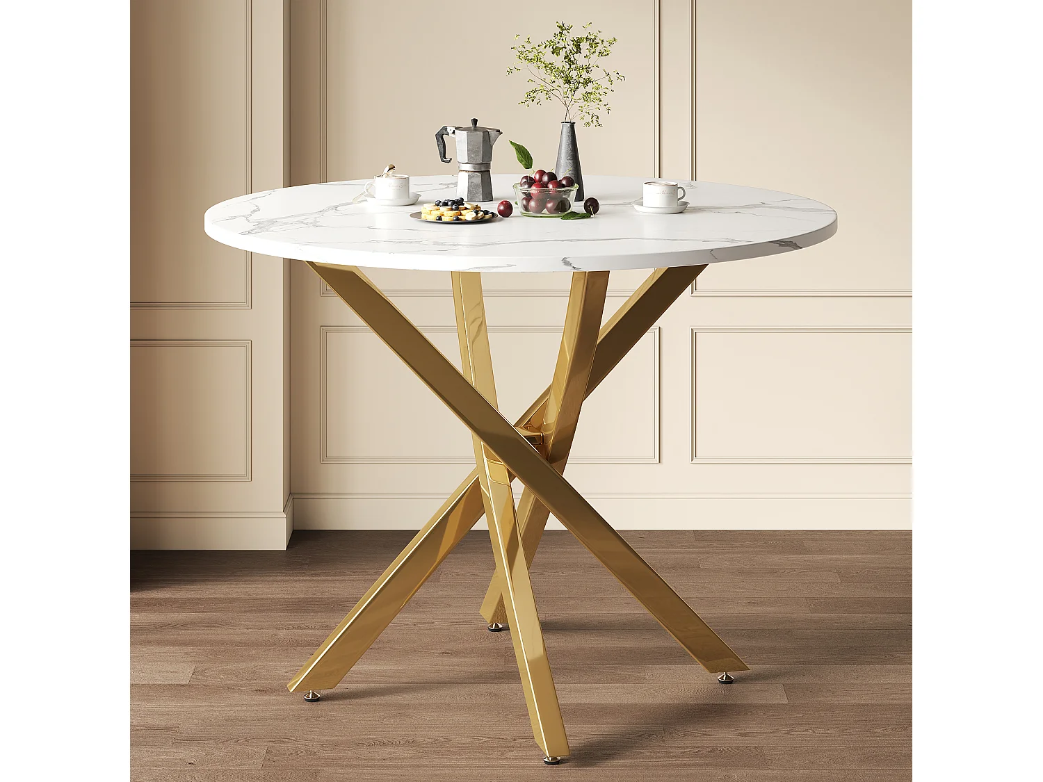 Table de salle à manger ronde 80 x 80 x 75 cm - Plateau effet marbre - Pieds dorés - Doré et blanc