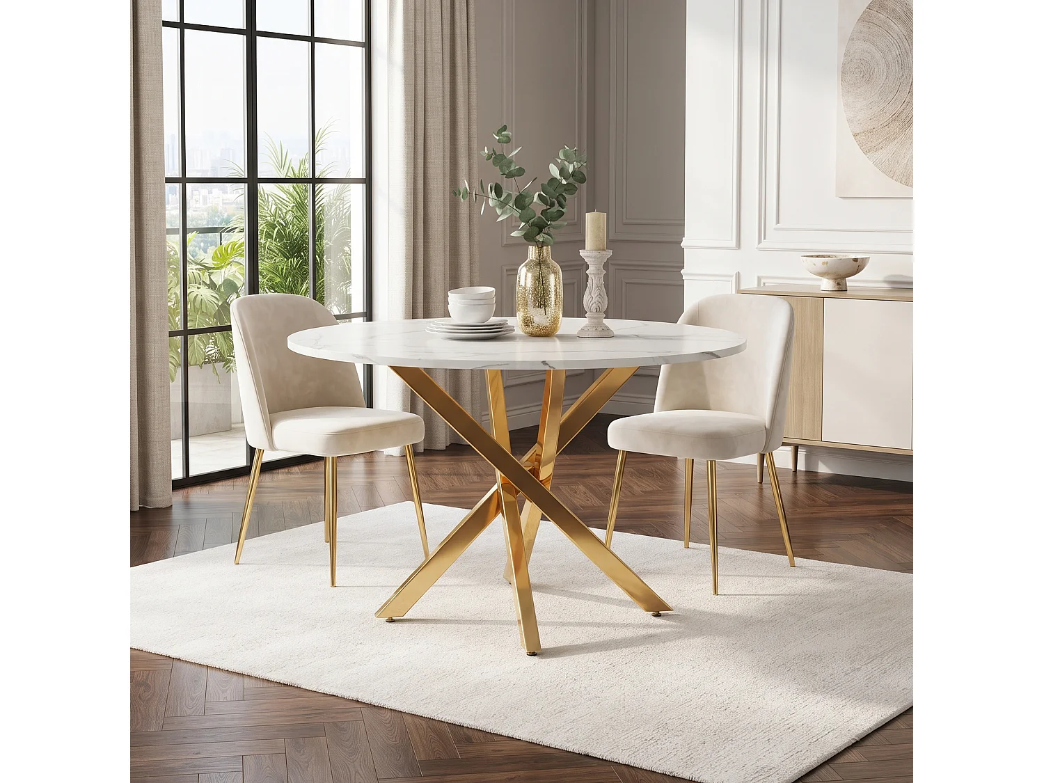 Table de salle à manger ronde 80 x 80 x 75 cm - Plateau effet marbre - Pieds dorés - Doré et blanc