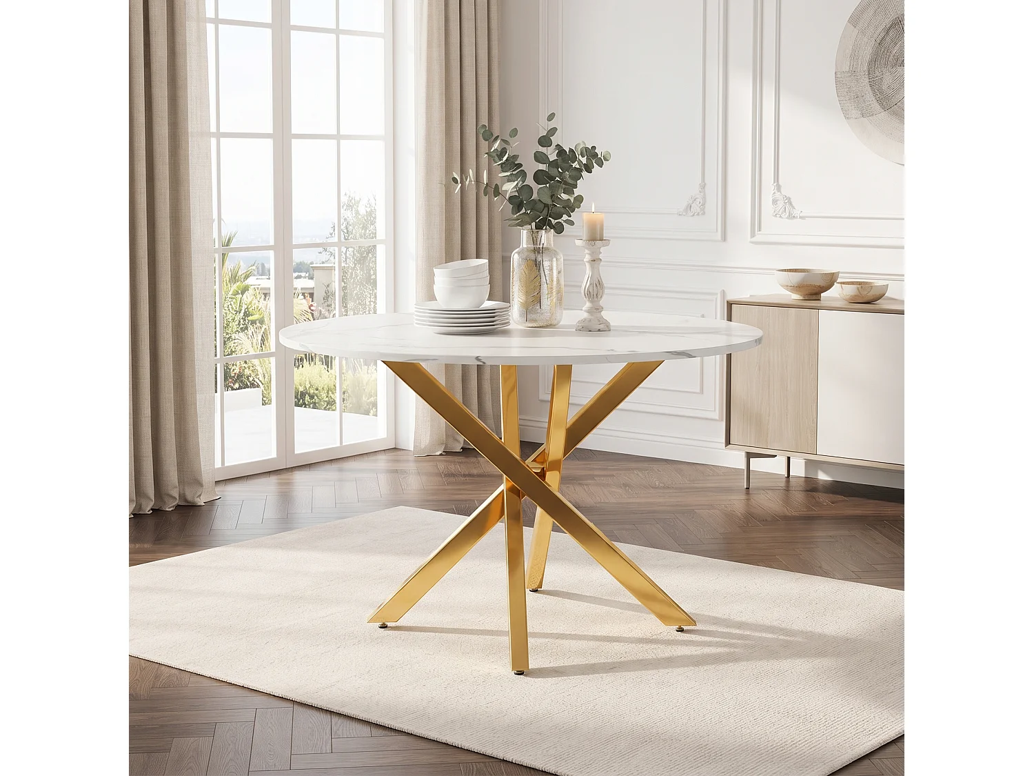 Table de salle à manger ronde 80 x 80 x 75 cm - Plateau effet marbre - Pieds dorés - Doré et blanc
