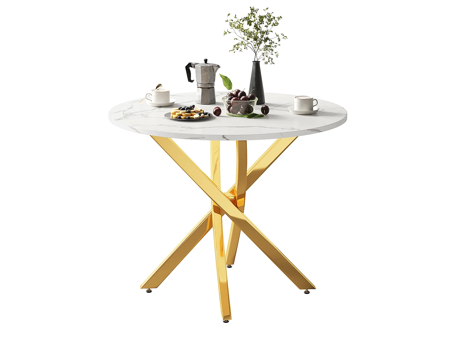 Table de salle à manger ronde 80 x 80 x 75 cm - Plateau effet marbre - Pieds dorés - Doré et blanc