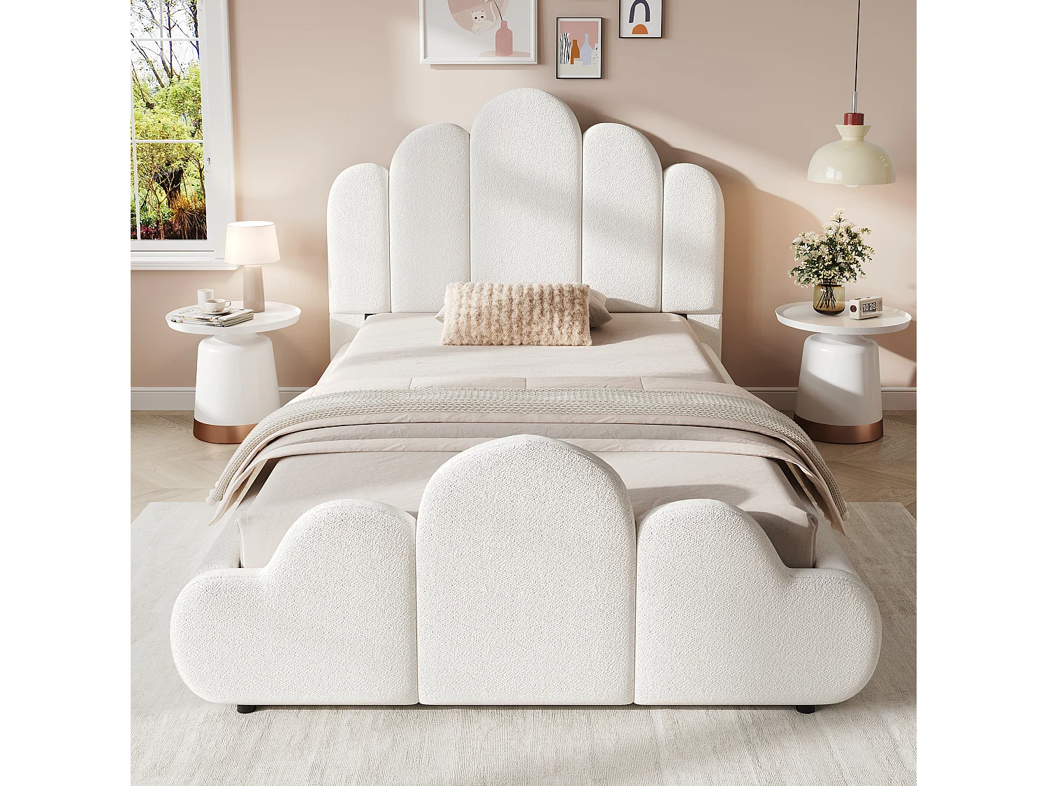 Gepolstertes Kinderbett 90 x 200 cm mit gepolstertem Wolkenkopfteil und abgerundeten Ecken - Bouclé - Beige (Matratze nicht im Lieferumfang enthalten)