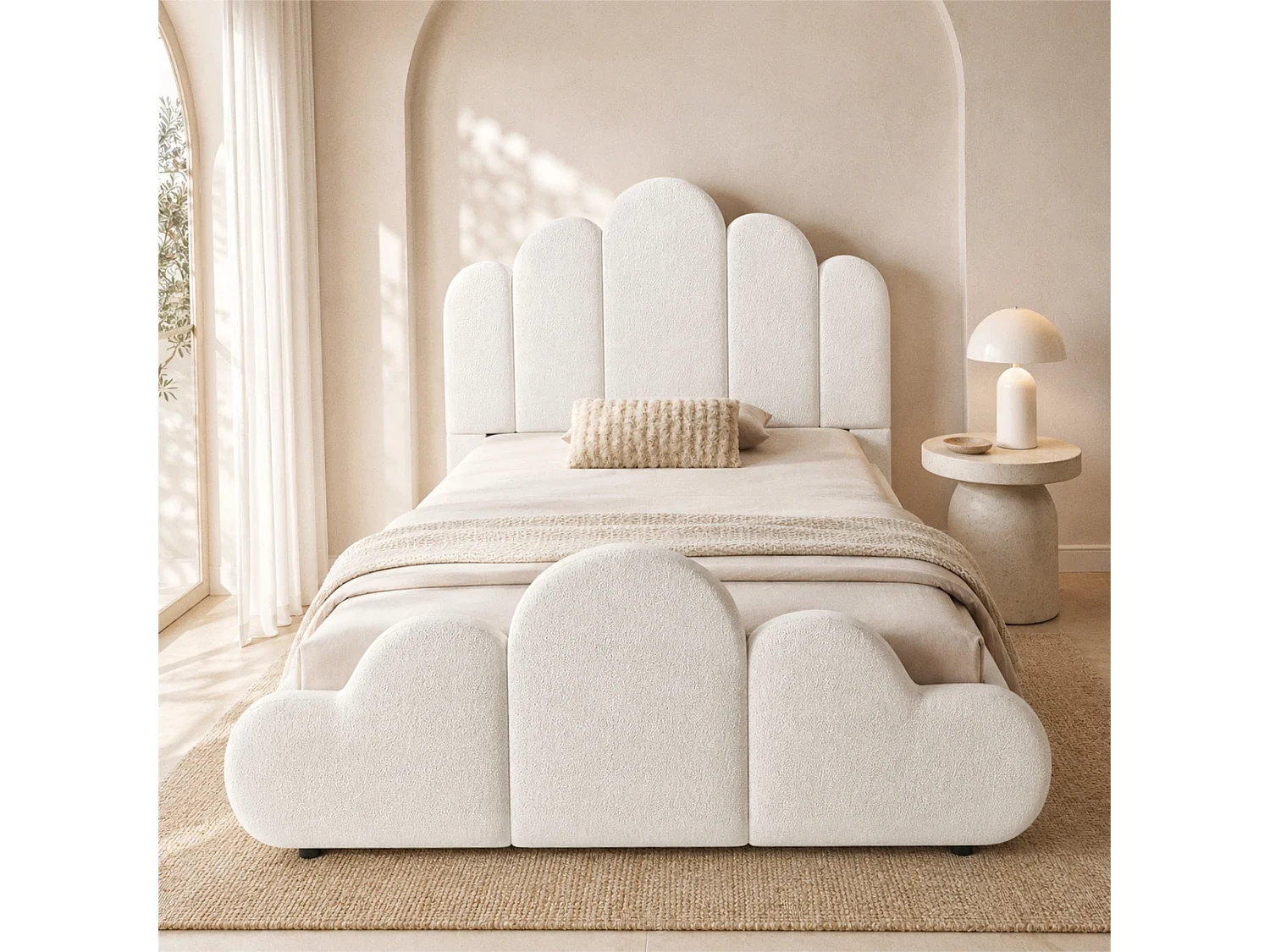 Gepolstertes Kinderbett 90 x 200 cm mit gepolstertem Wolkenkopfteil und abgerundeten Ecken - Bouclé - Beige (Matratze nicht im Lieferumfang enthalten)