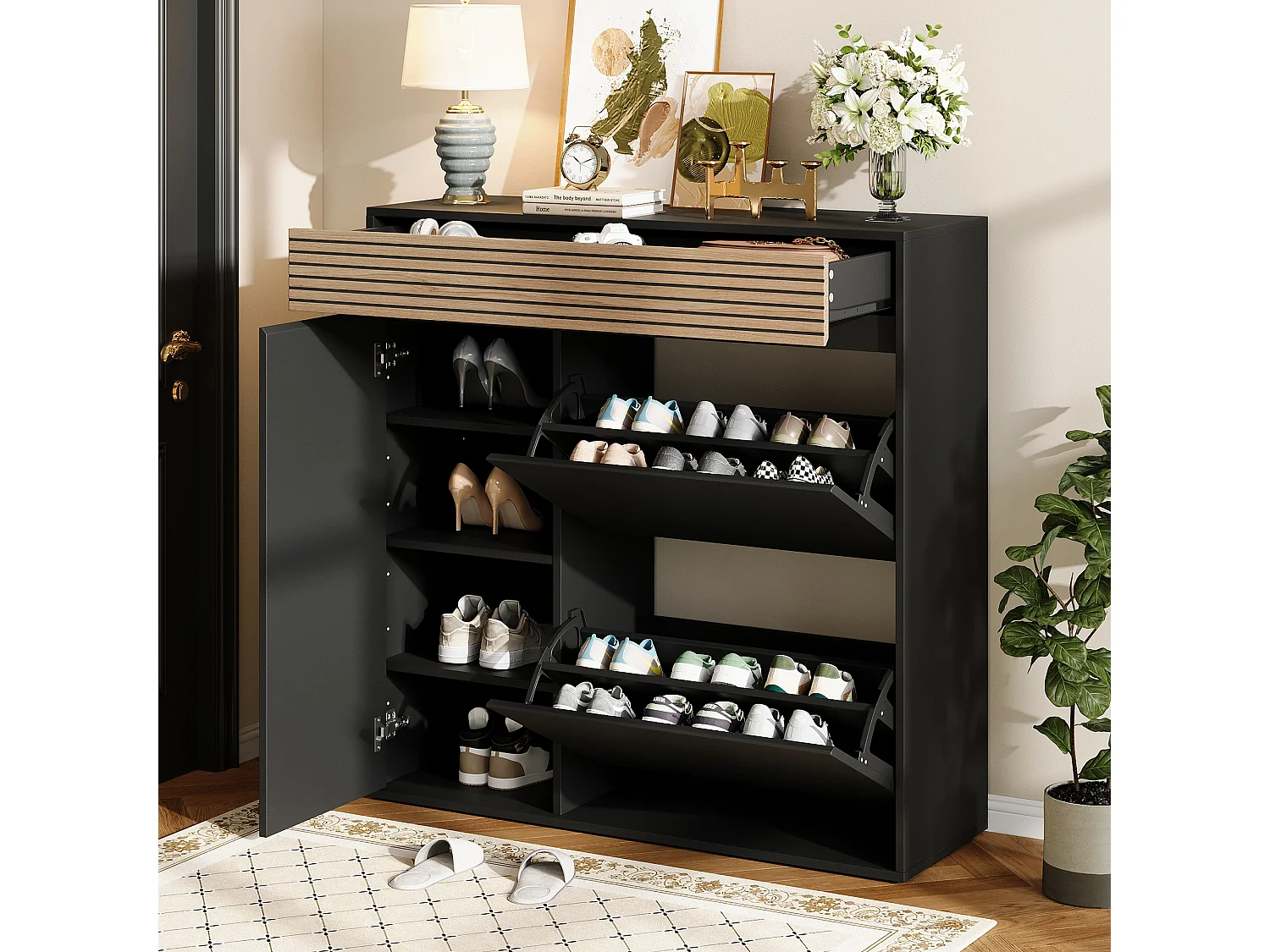 Meuble à chaussures moderne 100x35x105 cm - 2 meubles à chaussures pliables - 1 porte et 1 tiroir - MDF - Noir et naturel
