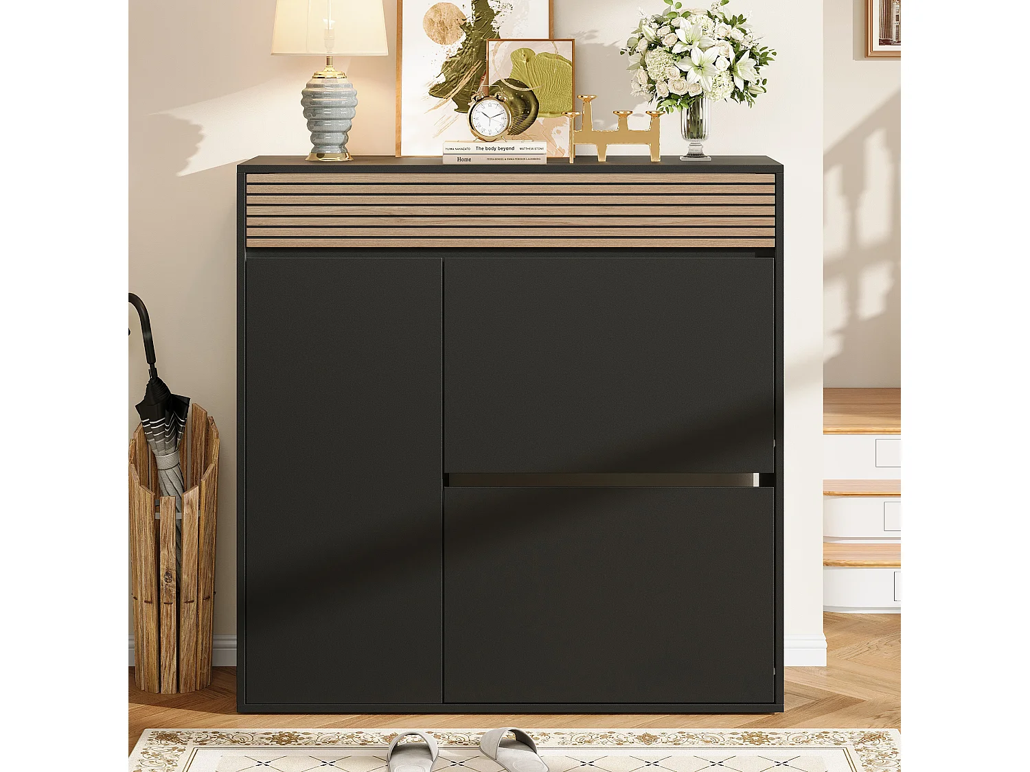 Meuble à chaussures moderne 100x35x105 cm - 2 meubles à chaussures pliables - 1 porte et 1 tiroir - MDF - Noir et naturel