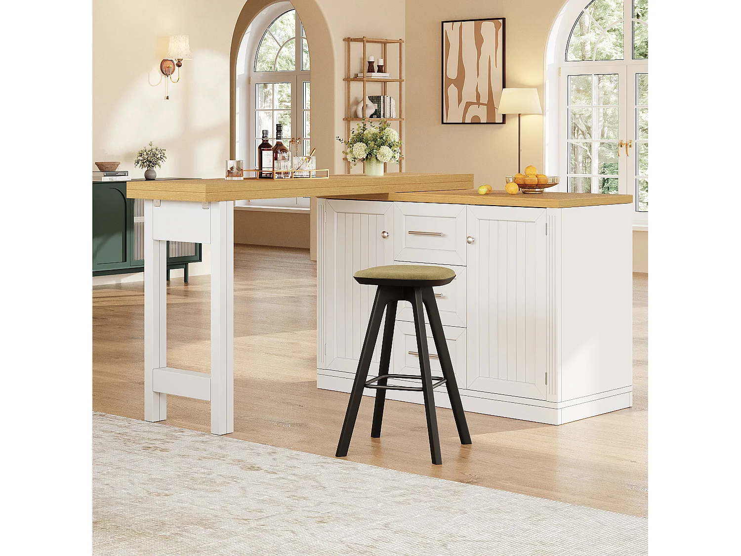 Móvel de bar de cozinha extensível - e rotação de 360° - mesa grande - 3 gavetas e 2 portas - Prateleira para petiscos - Branco