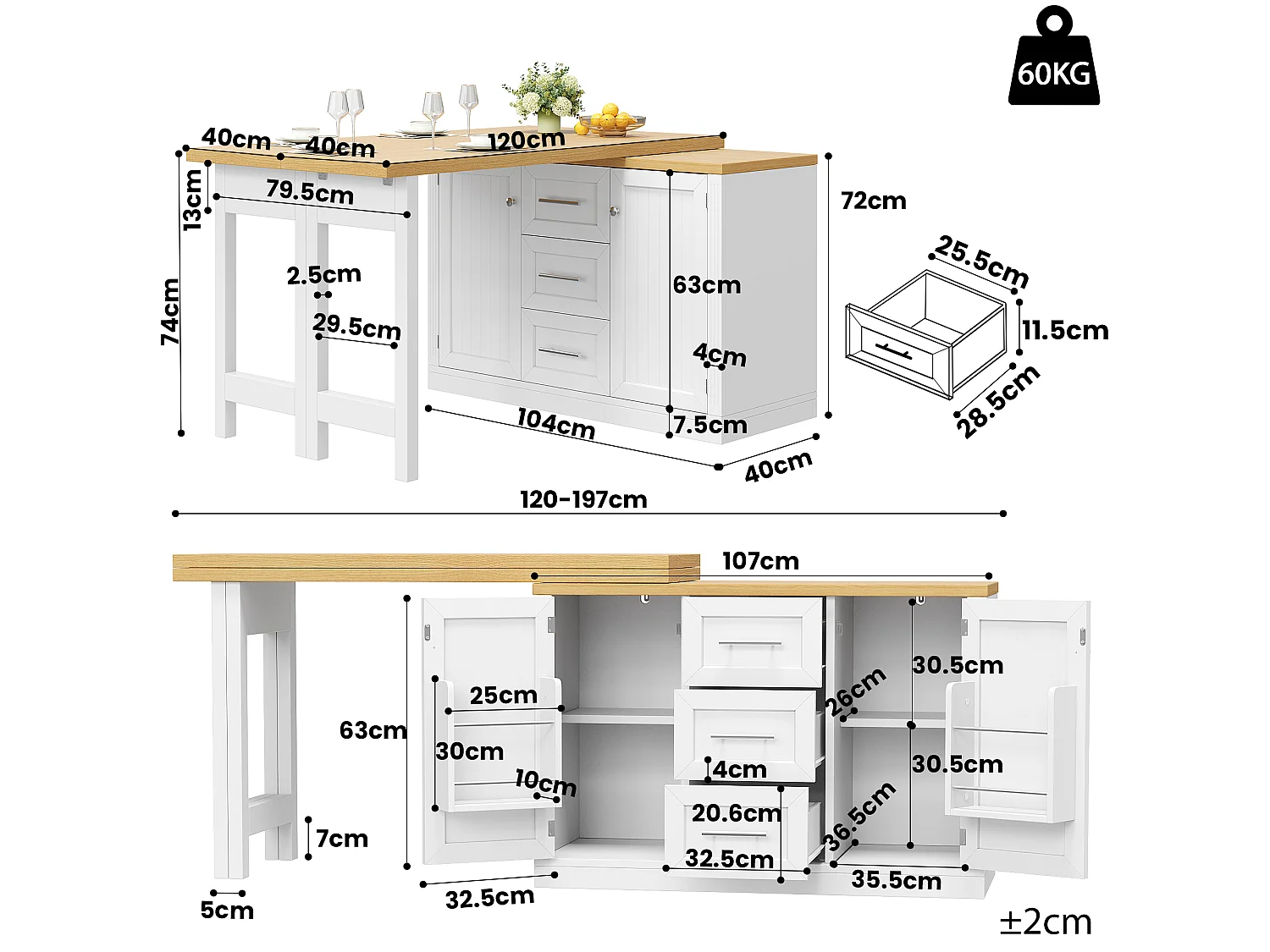 Móvel de bar de cozinha extensível - e rotação de 360° - mesa grande - 3 gavetas e 2 portas - Prateleira para petiscos - Branco