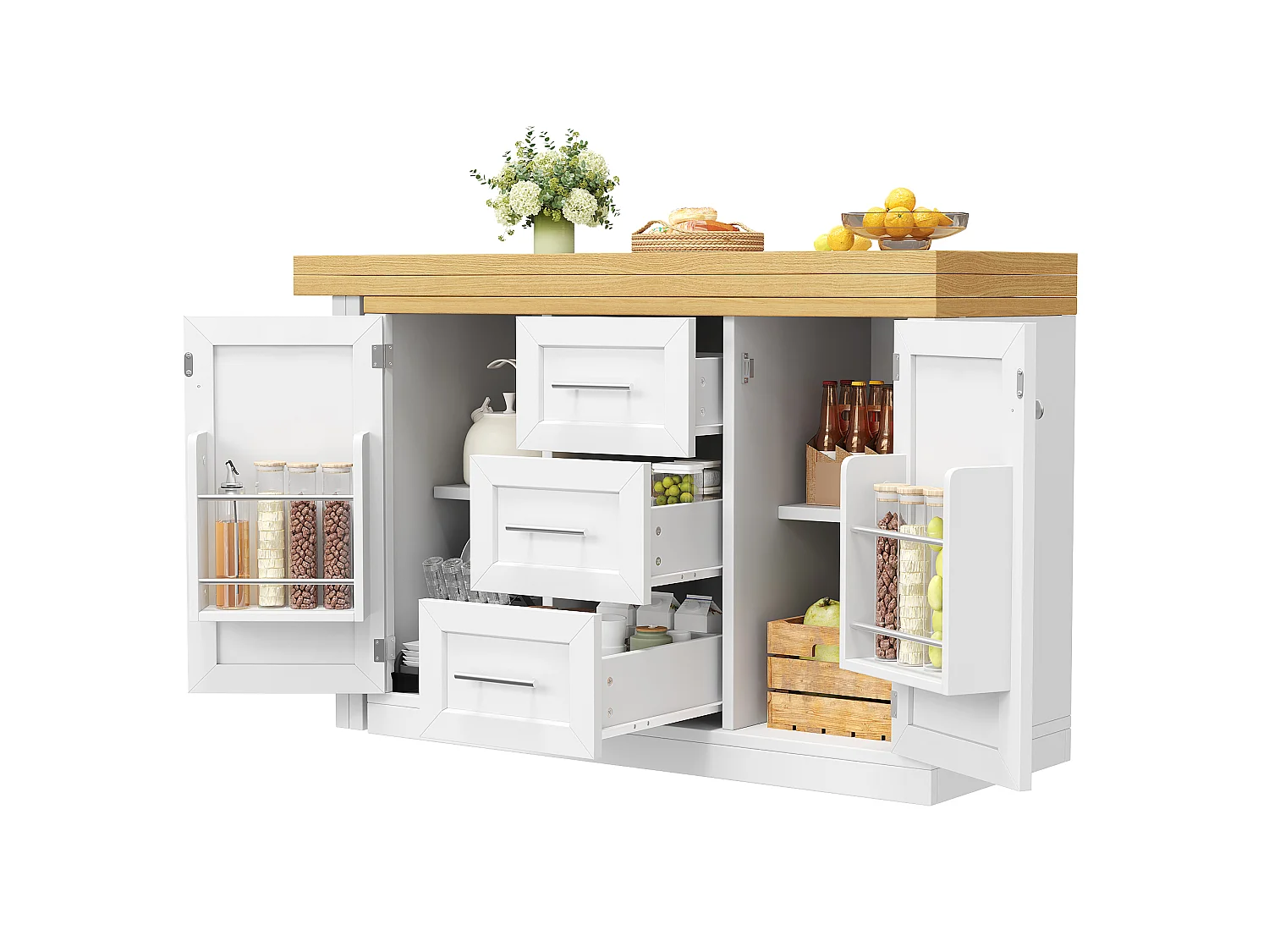 Móvel de bar de cozinha extensível - e rotação de 360° - mesa grande - 3 gavetas e 2 portas - Prateleira para petiscos - Branco
