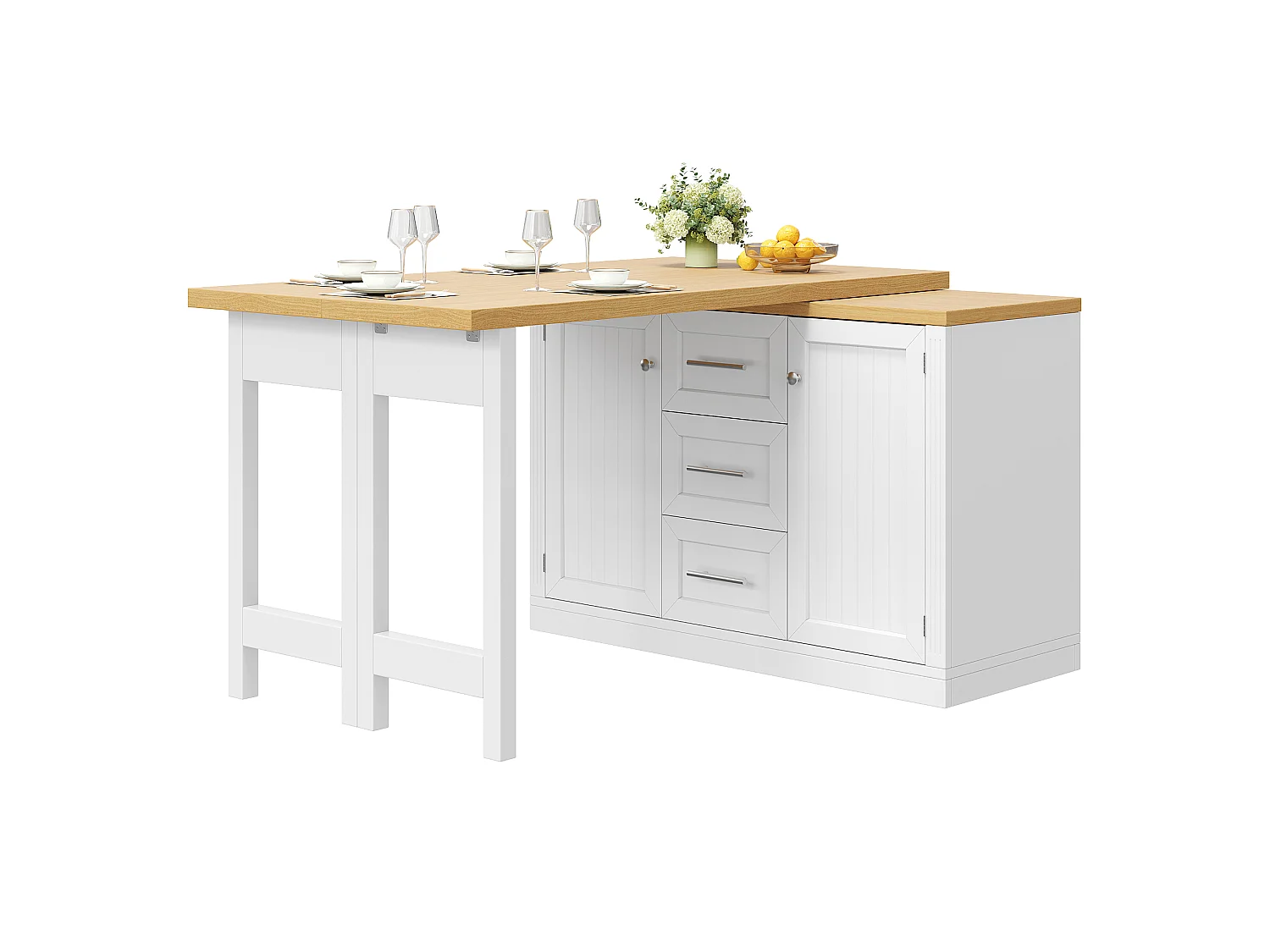 Móvel de bar de cozinha extensível - e rotação de 360° - mesa grande - 3 gavetas e 2 portas - Prateleira para petiscos - Branco