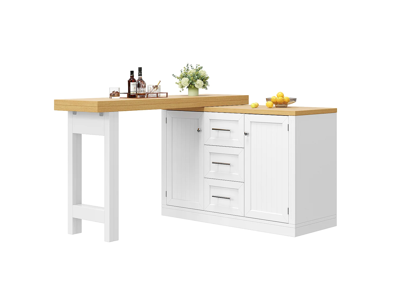 Móvel de bar de cozinha extensível - e rotação de 360° - mesa grande - 3 gavetas e 2 portas - Prateleira para petiscos - Branco