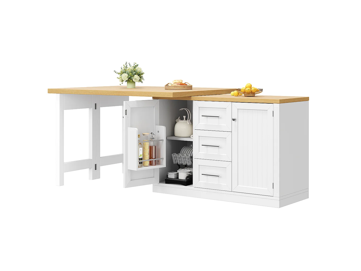 Móvel de bar de cozinha extensível - e rotação de 360° - mesa grande - 3 gavetas e 2 portas - Prateleira para petiscos - Branco
