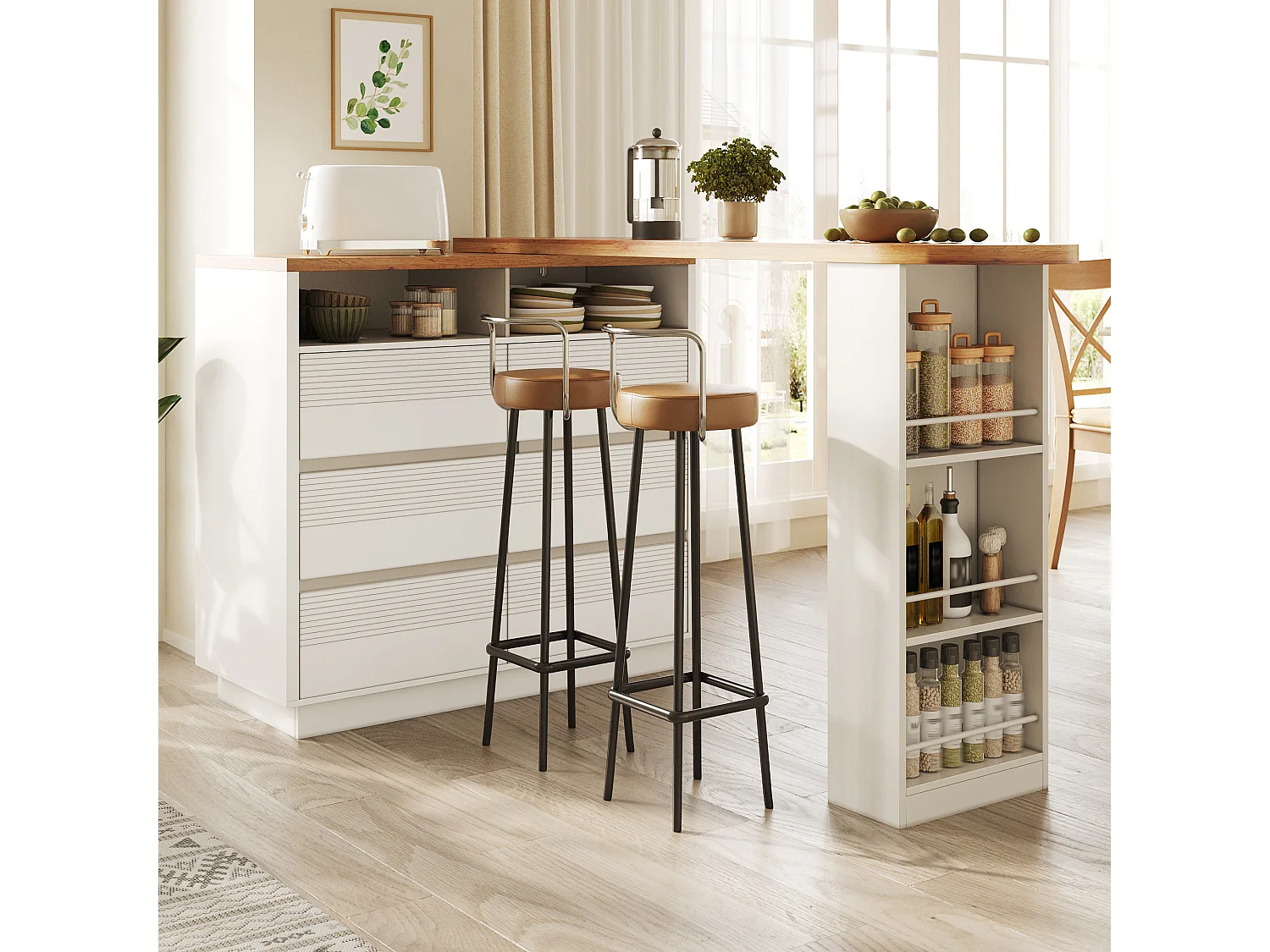 Table de bar extensible et pivotante avec 6 tiroirs, étagère latérale et roulettes - MDF - 137-215 x 39 x 102,3 cm - Blanc + naturel