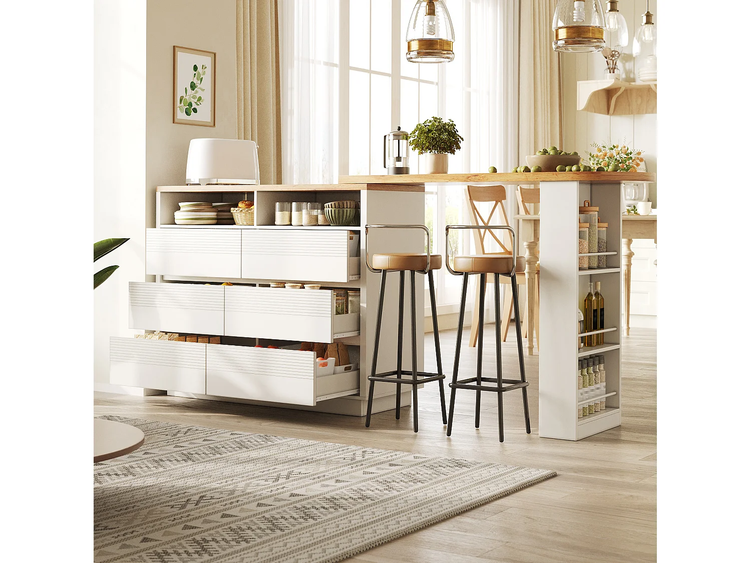 Table de bar extensible et pivotante avec 6 tiroirs, étagère latérale et roulettes - MDF - 137-215 x 39 x 102,3 cm - Blanc + naturel