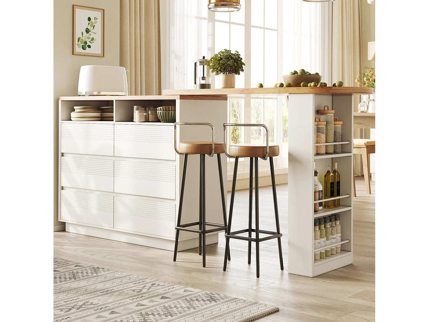 Table de bar extensible et pivotante avec 6 tiroirs, étagère latérale et roulettes - MDF - 137-215 x 39 x 102,3 cm - Blanc + naturel