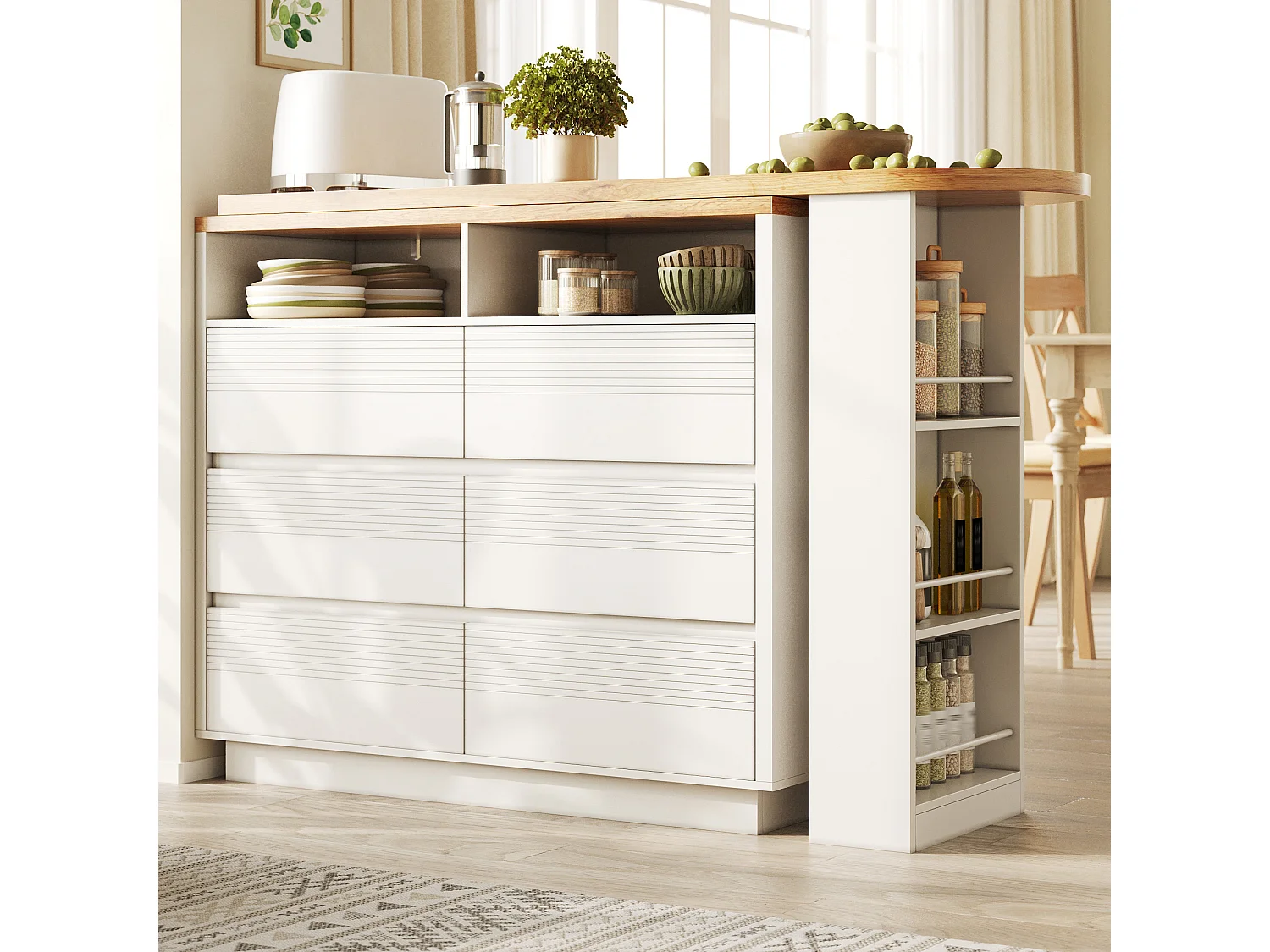 Table de bar extensible et pivotante avec 6 tiroirs, étagère latérale et roulettes - MDF - 137-215 x 39 x 102,3 cm - Blanc + naturel