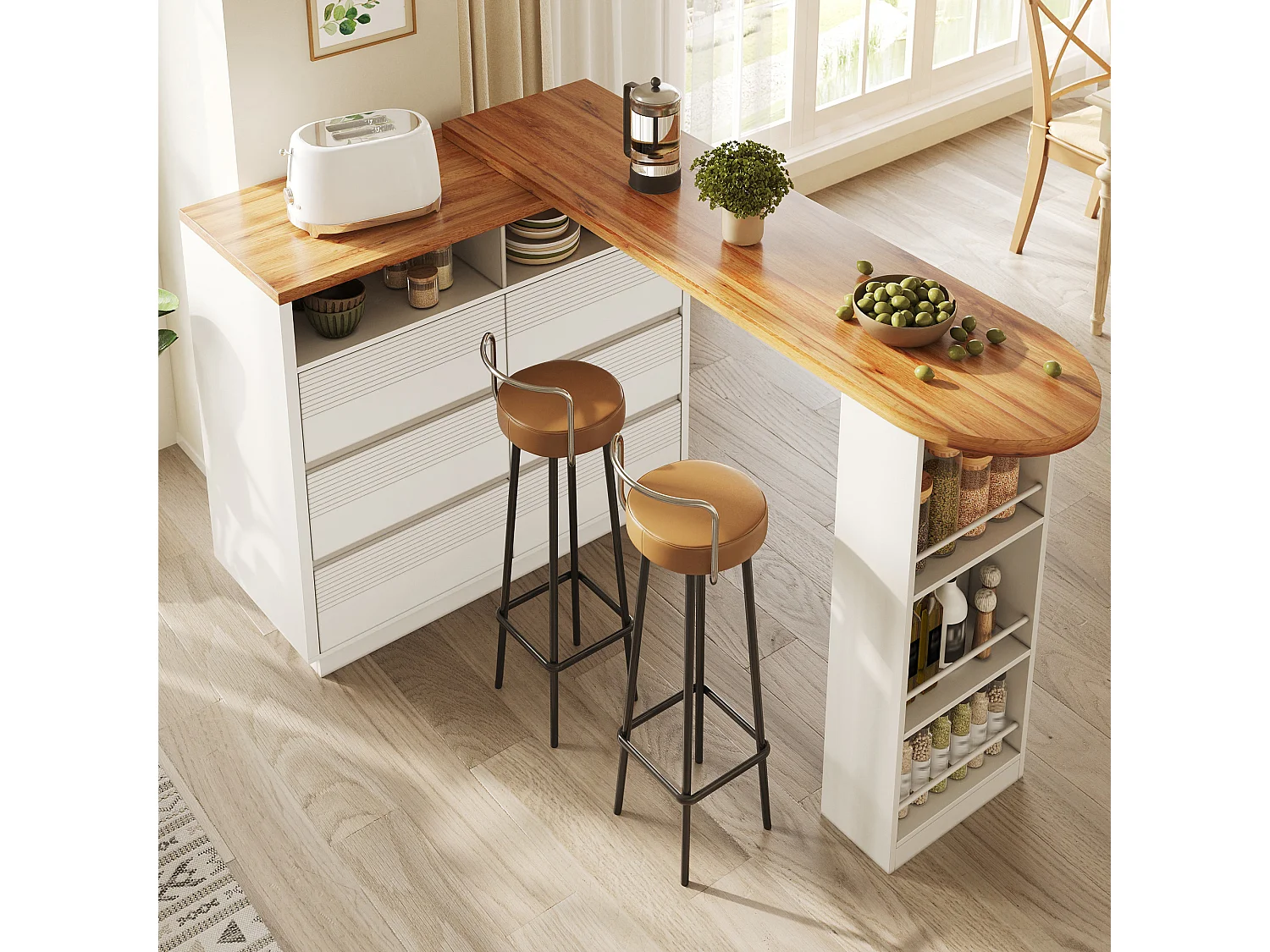 Table de bar extensible et pivotante avec 6 tiroirs, étagère latérale et roulettes - MDF - 137-215 x 39 x 102,3 cm - Blanc + naturel