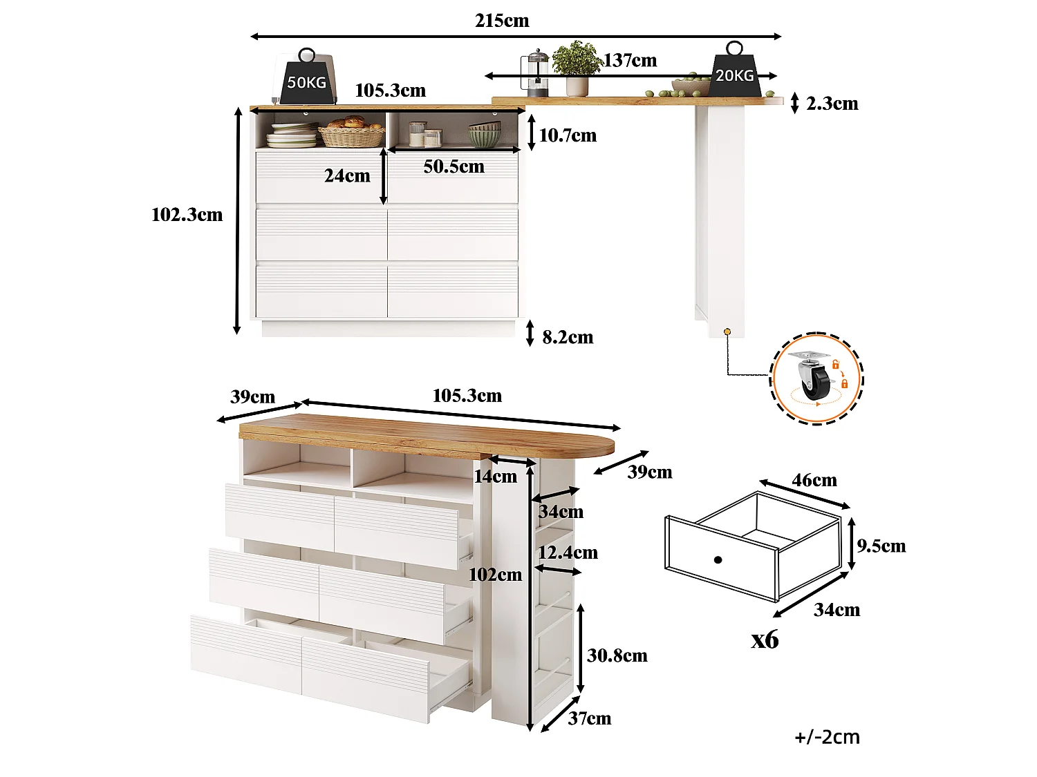 Table de bar extensible et pivotante avec 6 tiroirs, étagère latérale et roulettes - MDF - 137-215 x 39 x 102,3 cm - Blanc + naturel