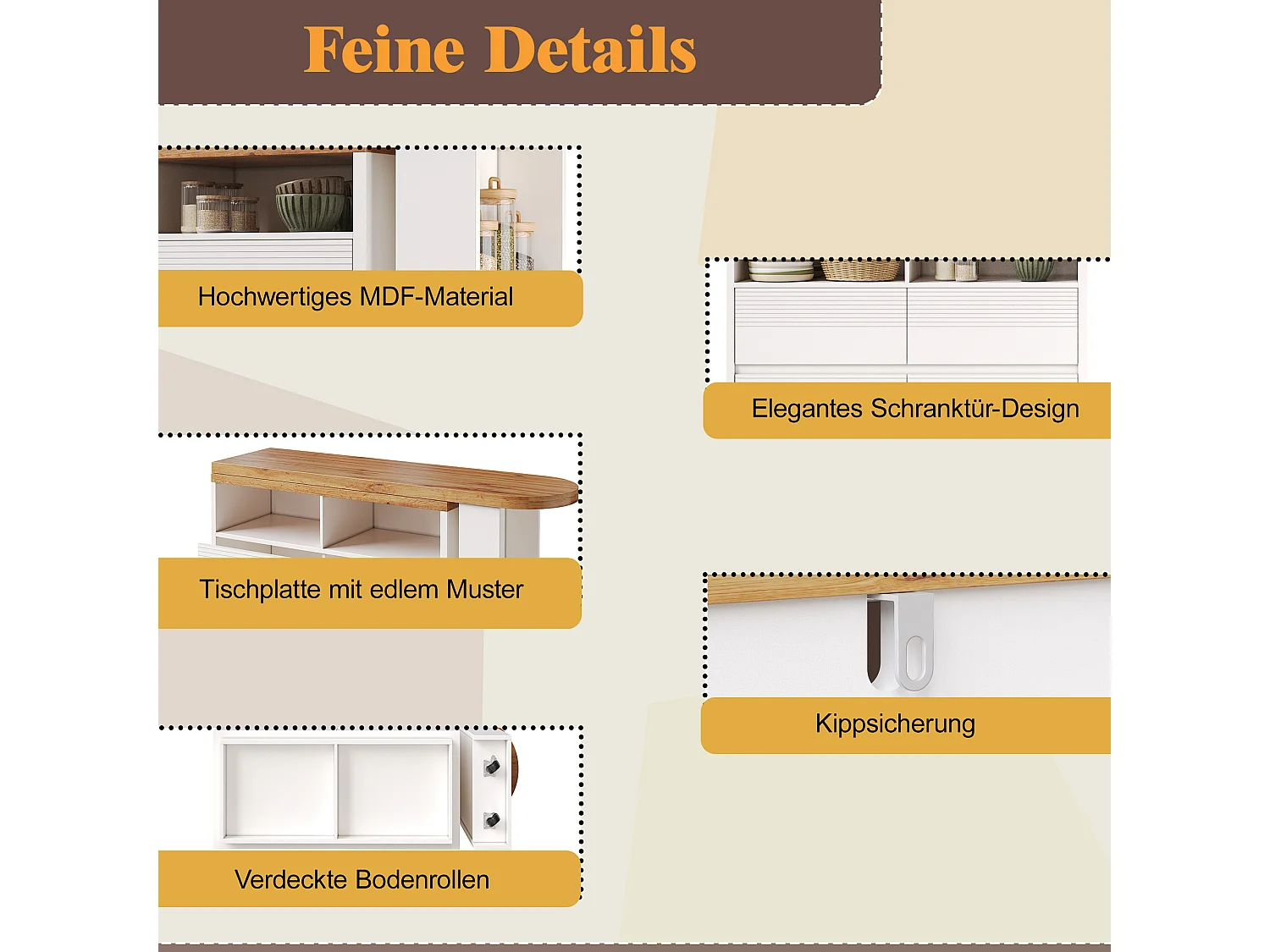 Table de bar extensible et pivotante avec 6 tiroirs, étagère latérale et roulettes - MDF - 137-215 x 39 x 102,3 cm - Blanc + naturel