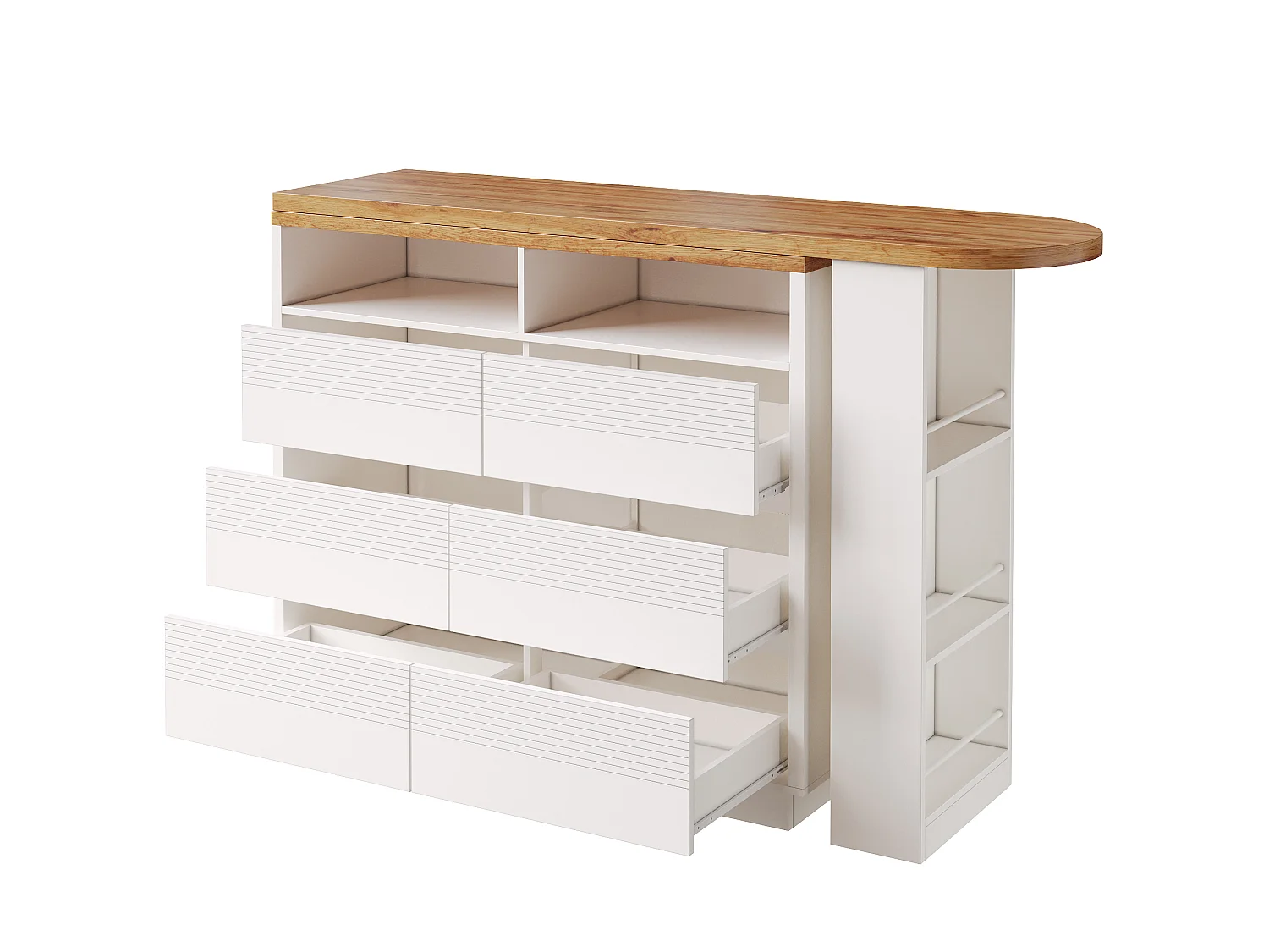 Table de bar extensible et pivotante avec 6 tiroirs, étagère latérale et roulettes - MDF - 137-215 x 39 x 102,3 cm - Blanc + naturel