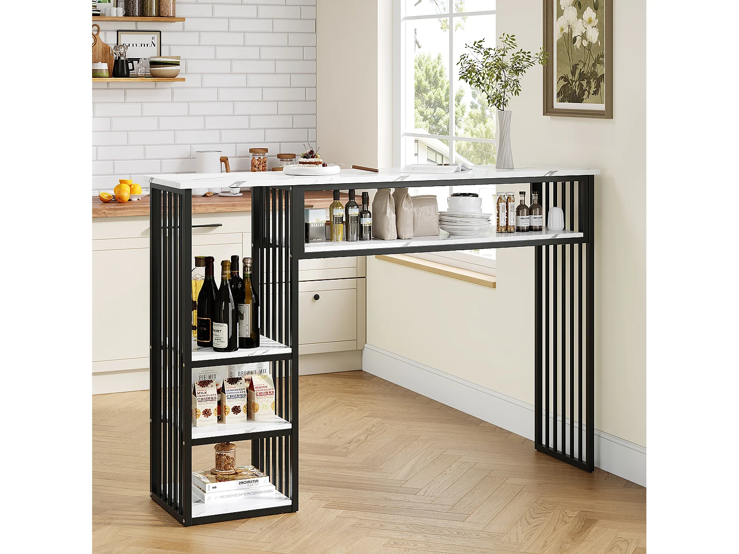 Tavolo da Bar con Ripiano 140x40x105cm - Mangiastare in Piedi con Ripiani Laterali & Piedini in Metallo - Stile Moderno - Nero
