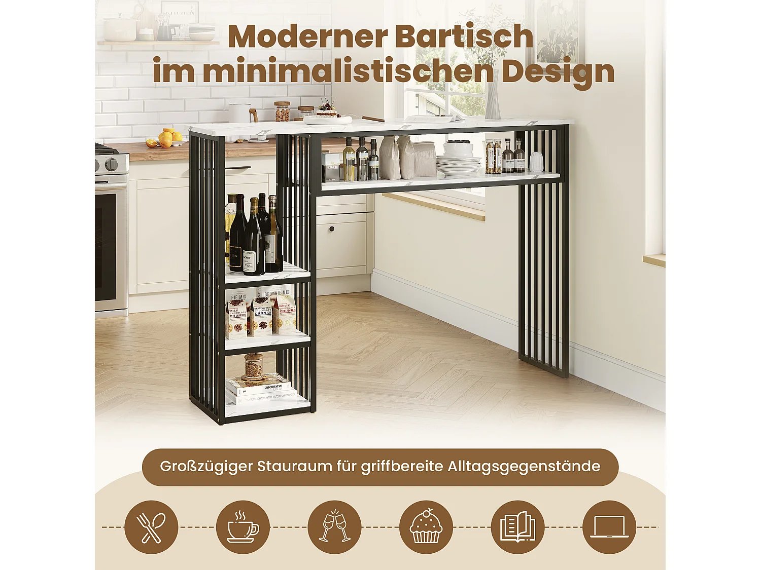 Tavolo da Bar con Ripiano 140x40x105cm - Mangiastare in Piedi con Ripiani Laterali & Piedini in Metallo - Stile Moderno - Nero