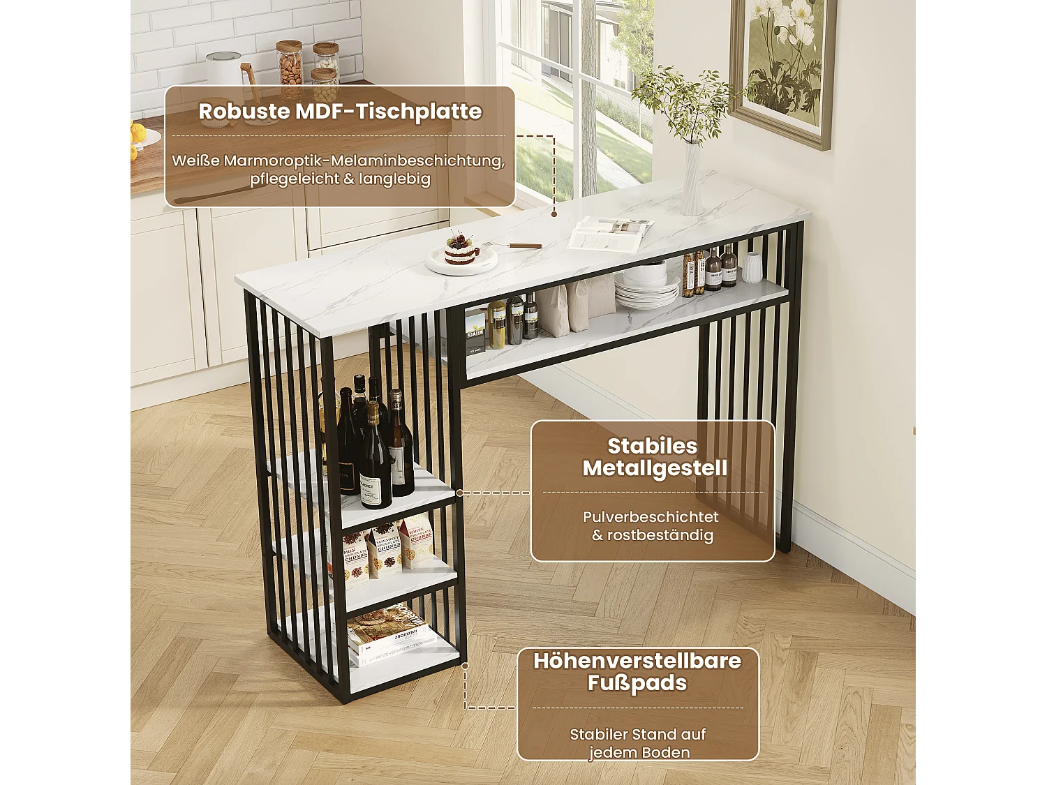Tavolo da Bar con Ripiano 140x40x105cm - Mangiastare in Piedi con Ripiani Laterali & Piedini in Metallo - Stile Moderno - Nero