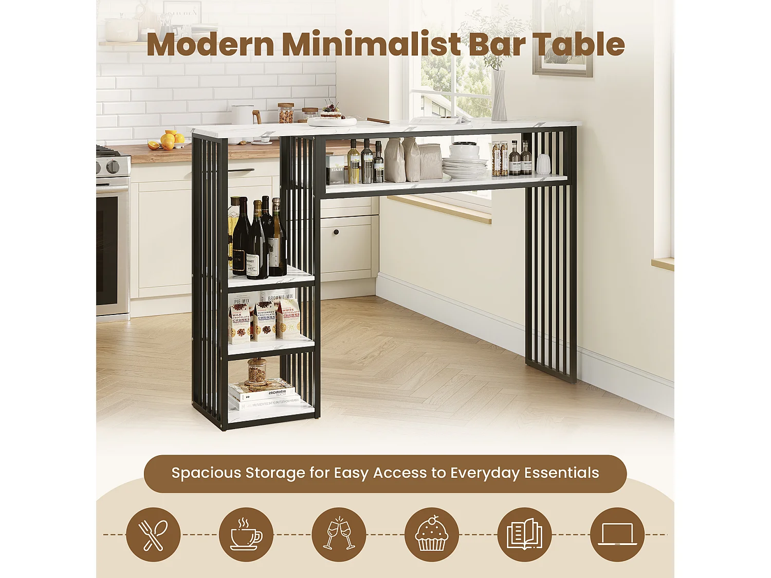Tavolo da Bar con Ripiano 140x40x105cm - Mangiastare in Piedi con Ripiani Laterali & Piedini in Metallo - Stile Moderno - Nero