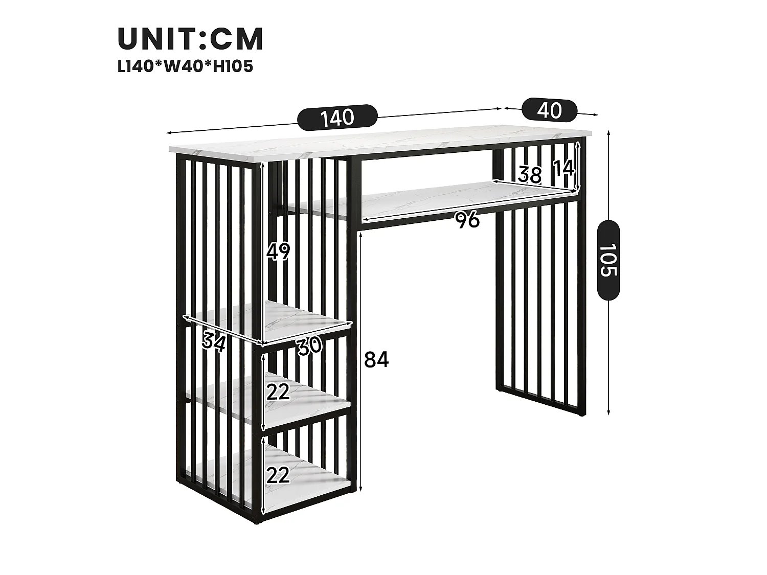 Tavolo da Bar con Ripiano 140x40x105cm - Mangiastare in Piedi con Ripiani Laterali & Piedini in Metallo - Stile Moderno - Nero