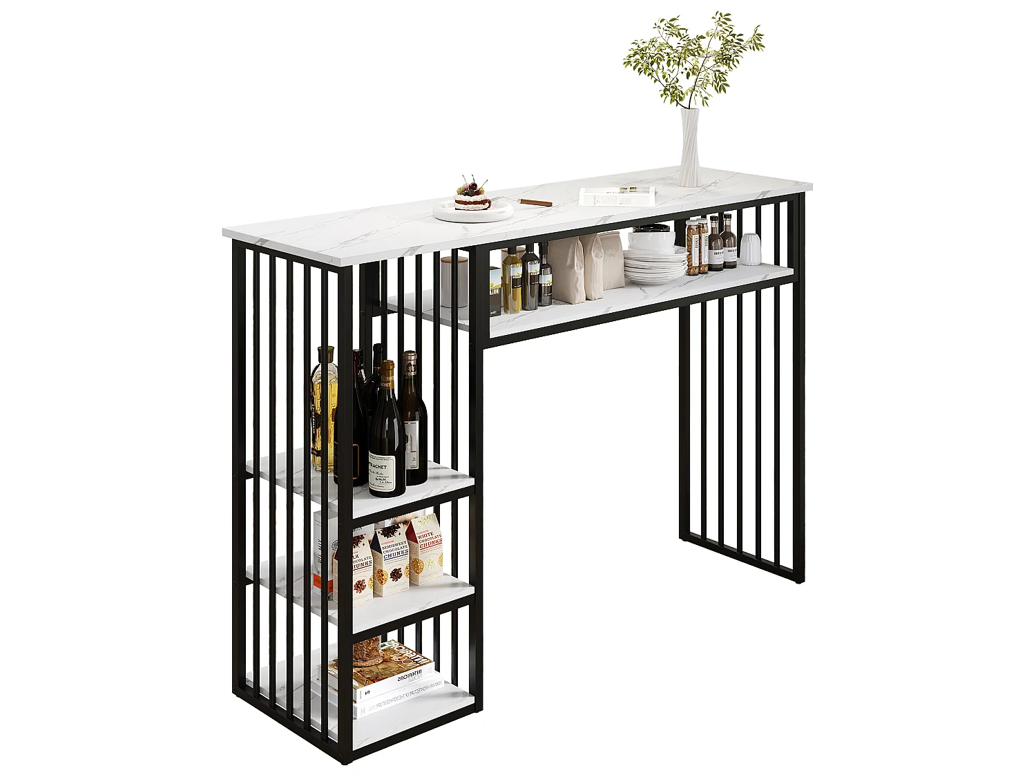 Tavolo da Bar con Ripiano 140x40x105cm - Mangiastare in Piedi con Ripiani Laterali & Piedini in Metallo - Stile Moderno - Nero