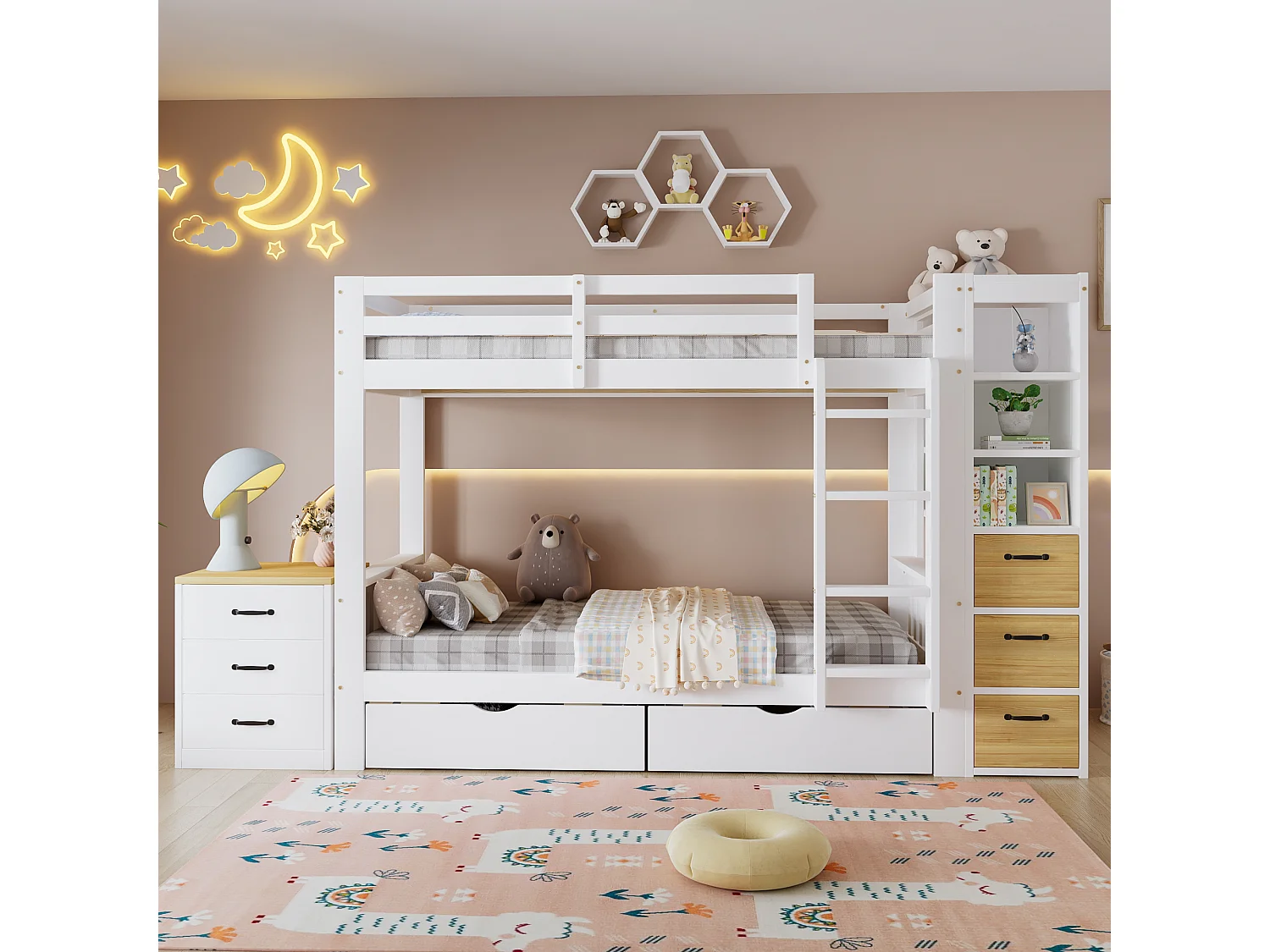 Lit superposé enfant 90x200 cm - avec 8 tiroirs et échelle - étagère de rangement latérale et table de chevet mobile - Blanc (sans matelas)