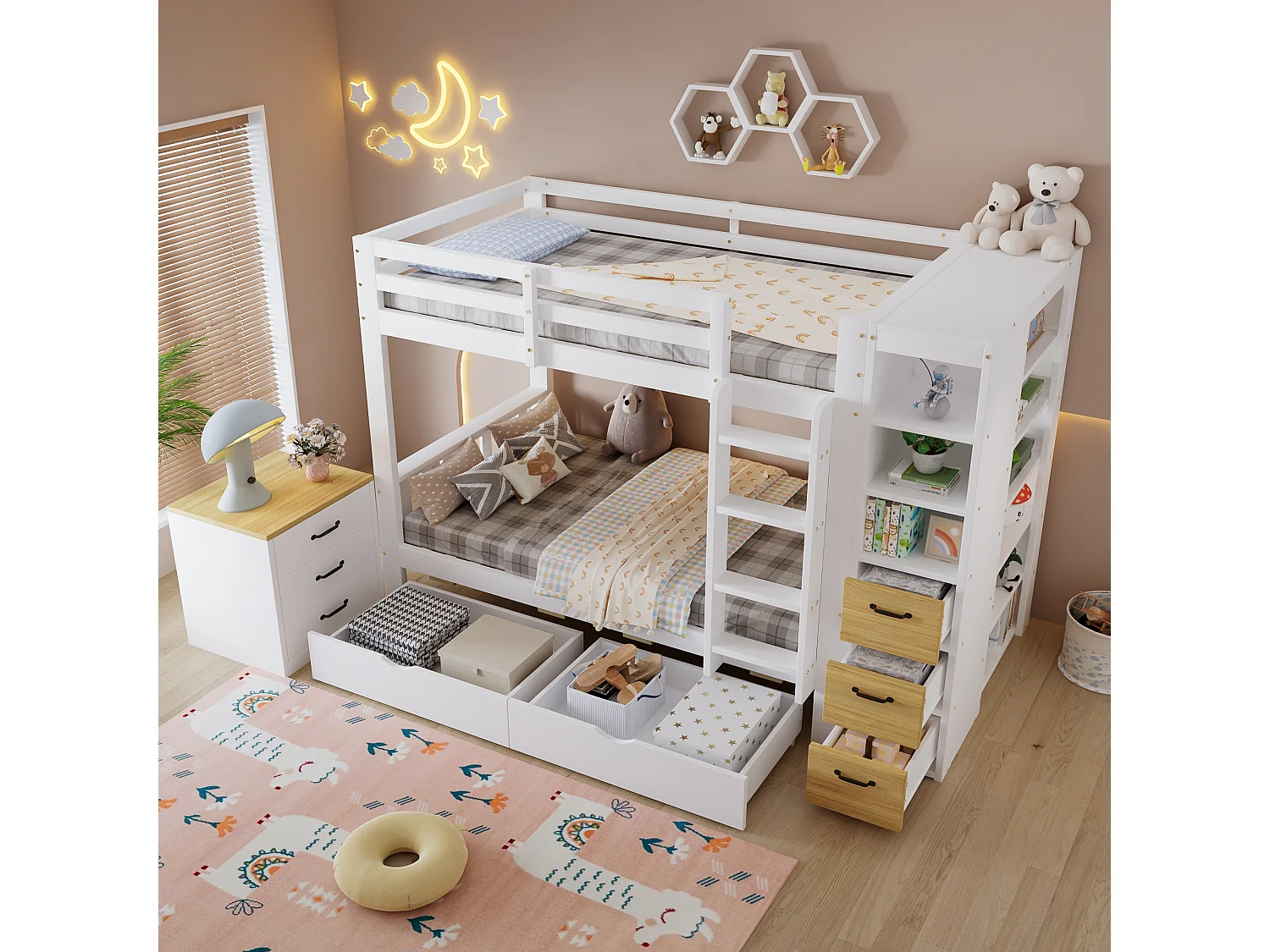 Lit superposé enfant 90x200 cm - avec 8 tiroirs et échelle - étagère de rangement latérale et table de chevet mobile - Blanc (sans matelas)