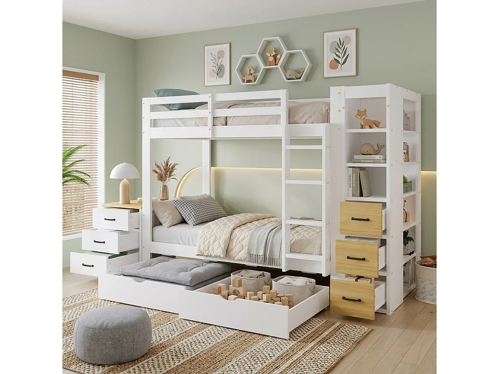 Lit superposé enfant 90x200 cm - avec 8 tiroirs et échelle - étagère de rangement latérale et table de chevet mobile - Blanc (sans matelas)