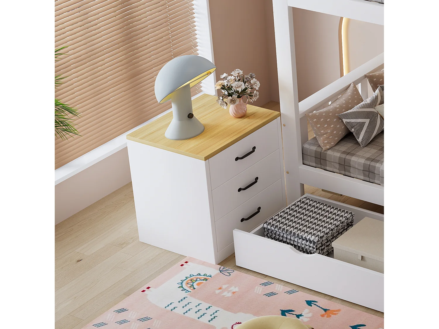 Lit superposé enfant 90x200 cm - avec 8 tiroirs et échelle - étagère de rangement latérale et table de chevet mobile - Blanc (sans matelas)