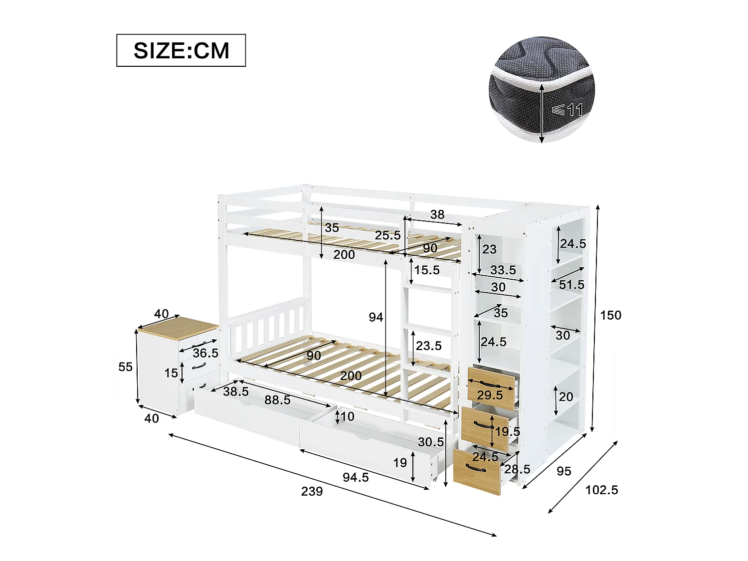Lit superposé enfant 90x200 cm - avec 8 tiroirs et échelle - étagère de rangement latérale et table de chevet mobile - Blanc (sans matelas)