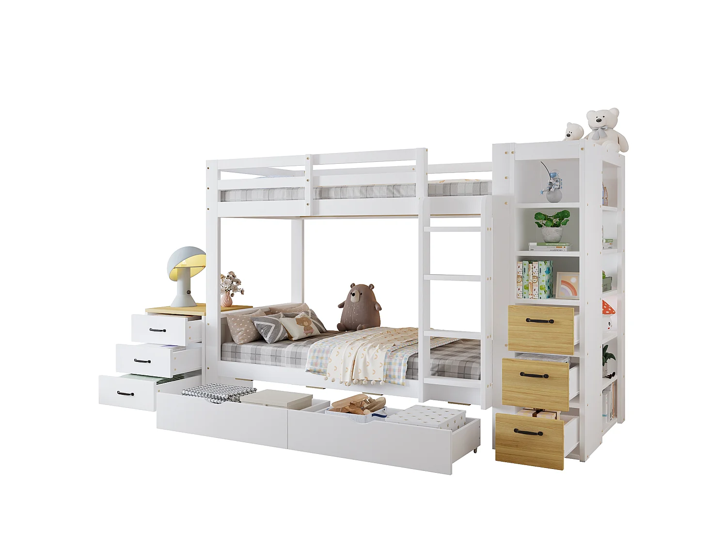 Lit superposé enfant 90x200 cm - avec 8 tiroirs et échelle - étagère de rangement latérale et table de chevet mobile - Blanc (sans matelas)